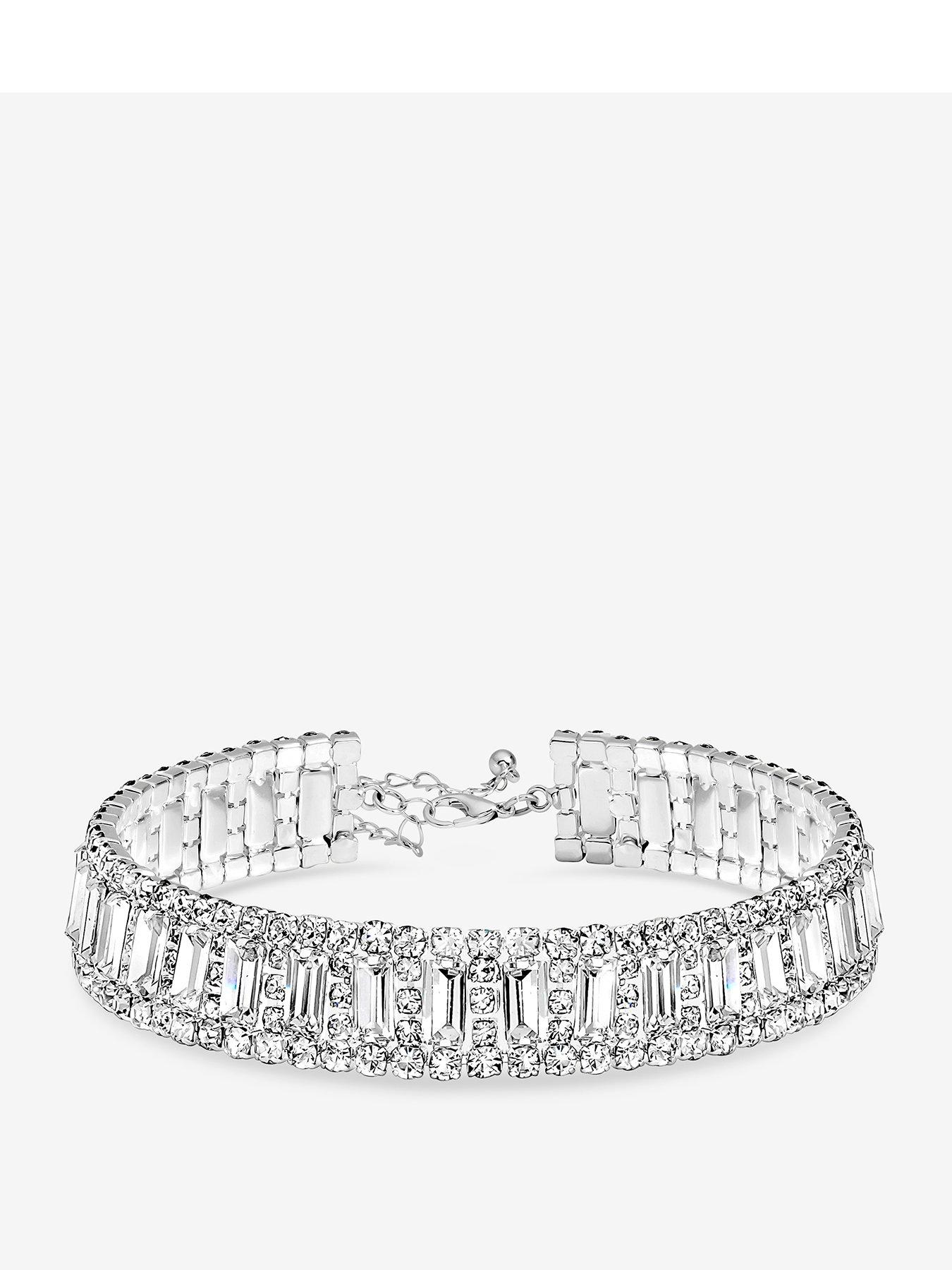 Image 1 of 1 of Mood Womens Baguette Crystal Silver Plate Choker Necklace - Silver