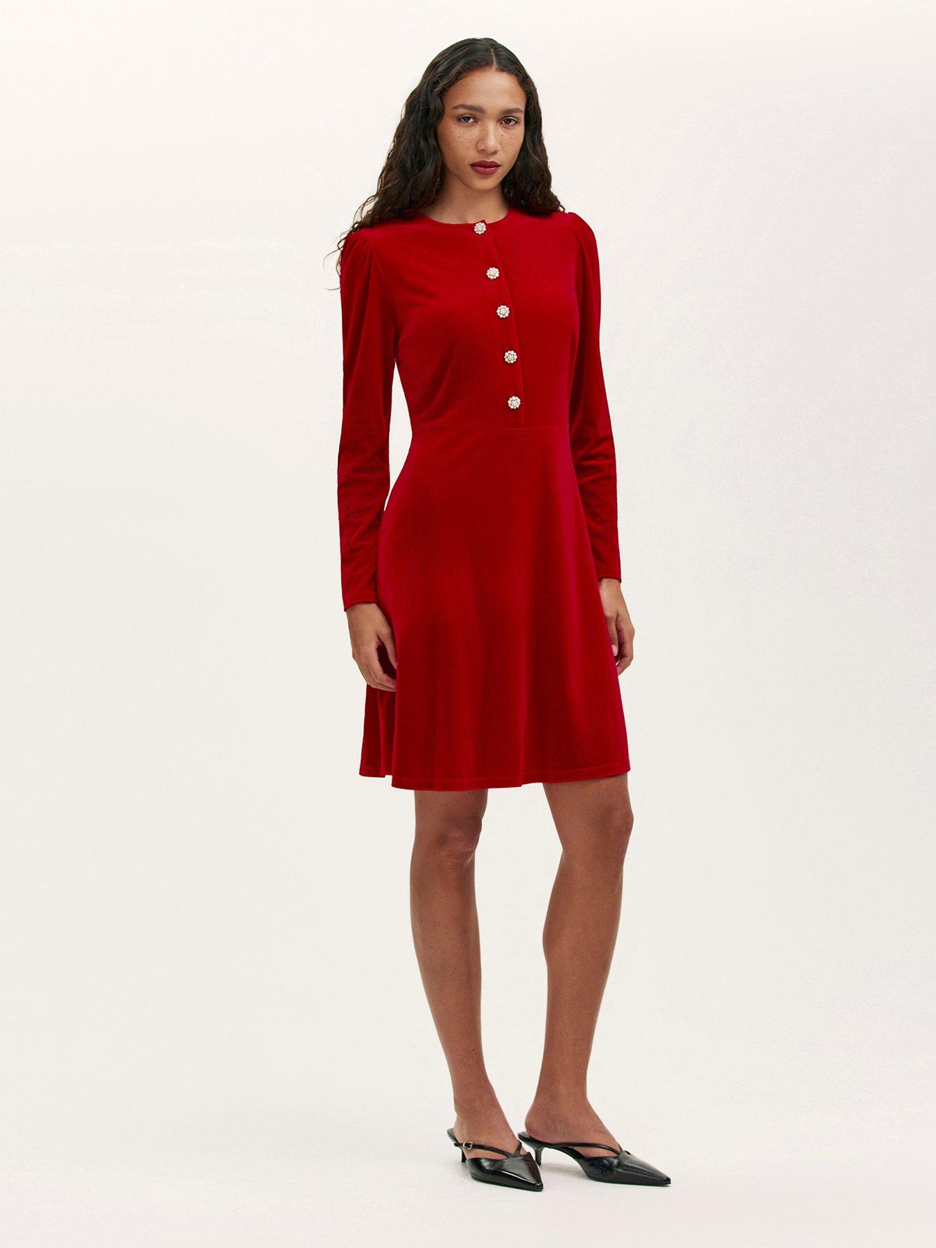 Finery Womens Rae Velvet Touch Stretch Fit & Flare Dress, Red, Size 8, Women