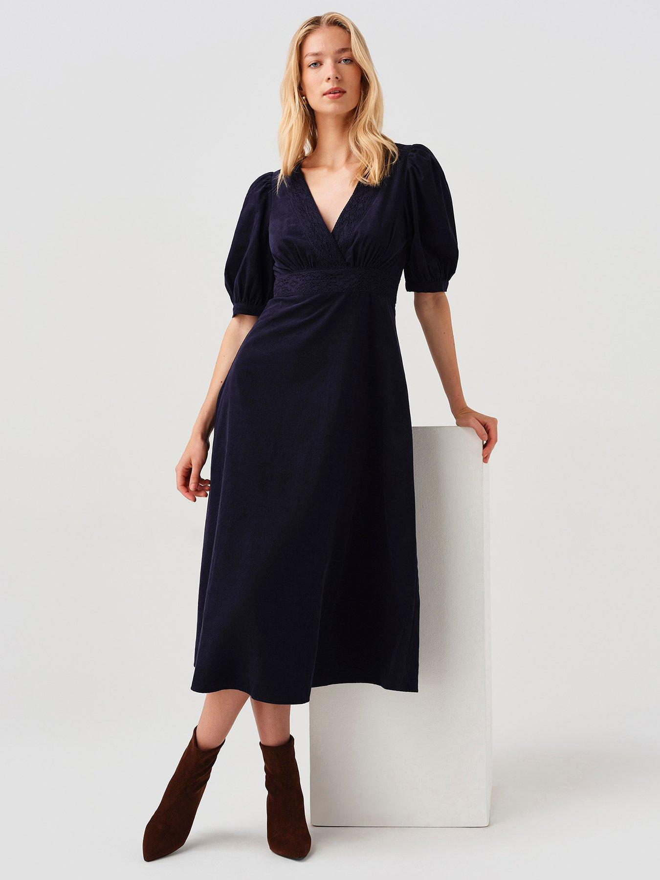 Image 1 of 7 of Ghost Womens Bella Wrap V-Neck Puff Sleeve Dress - Navy