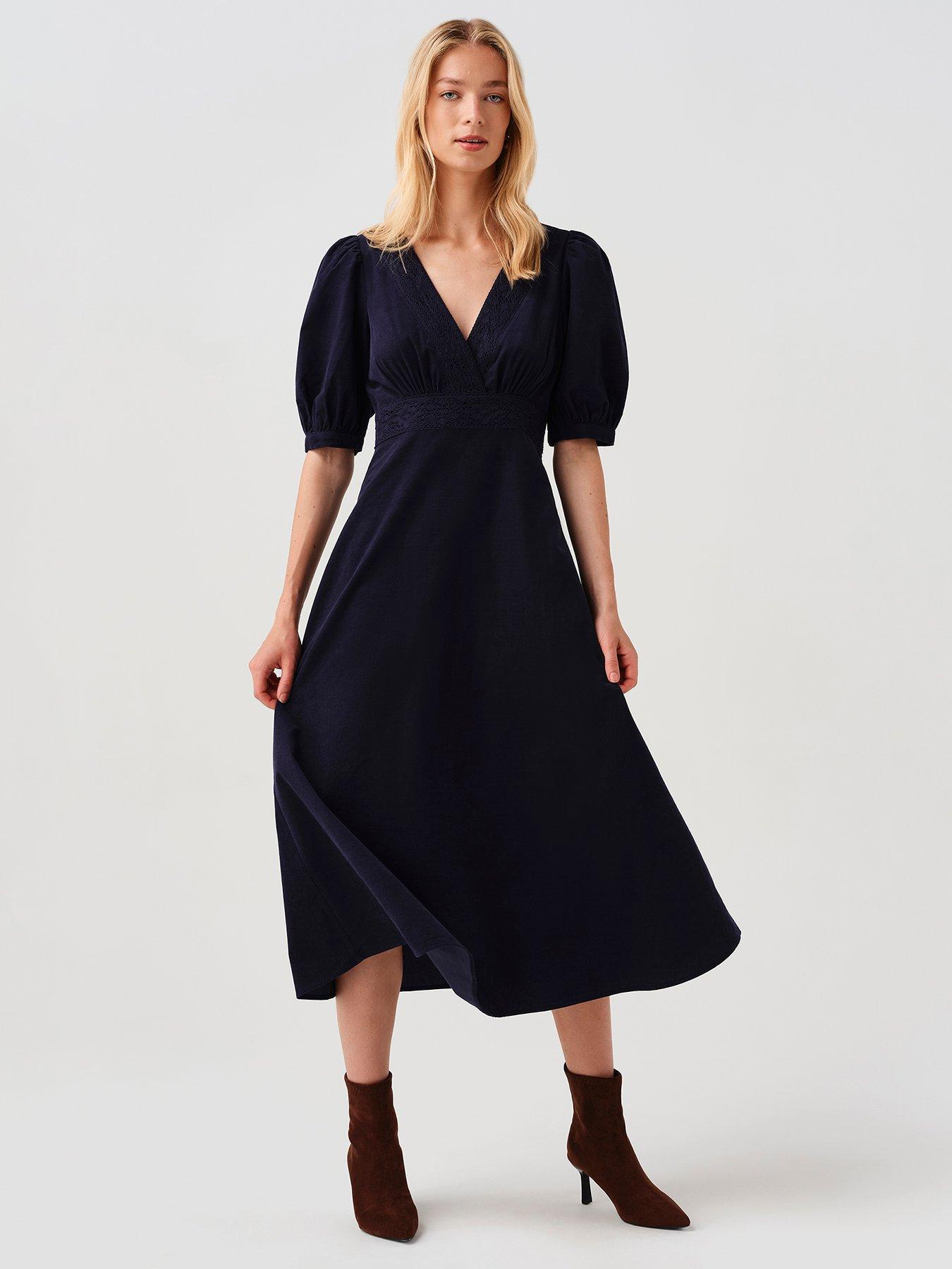 Image 3 of 7 of Ghost Womens Bella Wrap V-Neck Puff Sleeve Dress - Navy