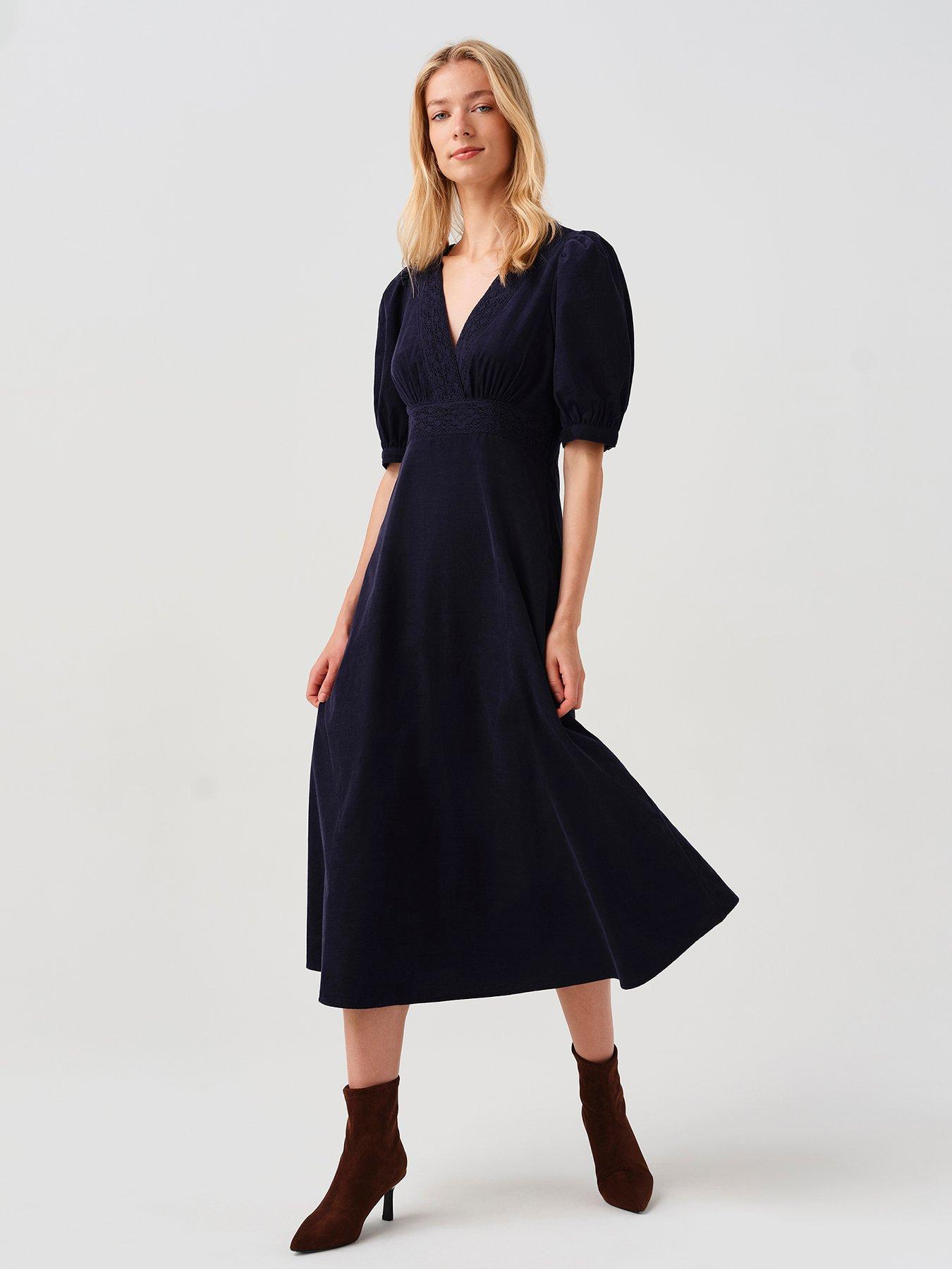 Image 4 of 7 of Ghost Womens Bella Wrap V-Neck Puff Sleeve Dress - Navy