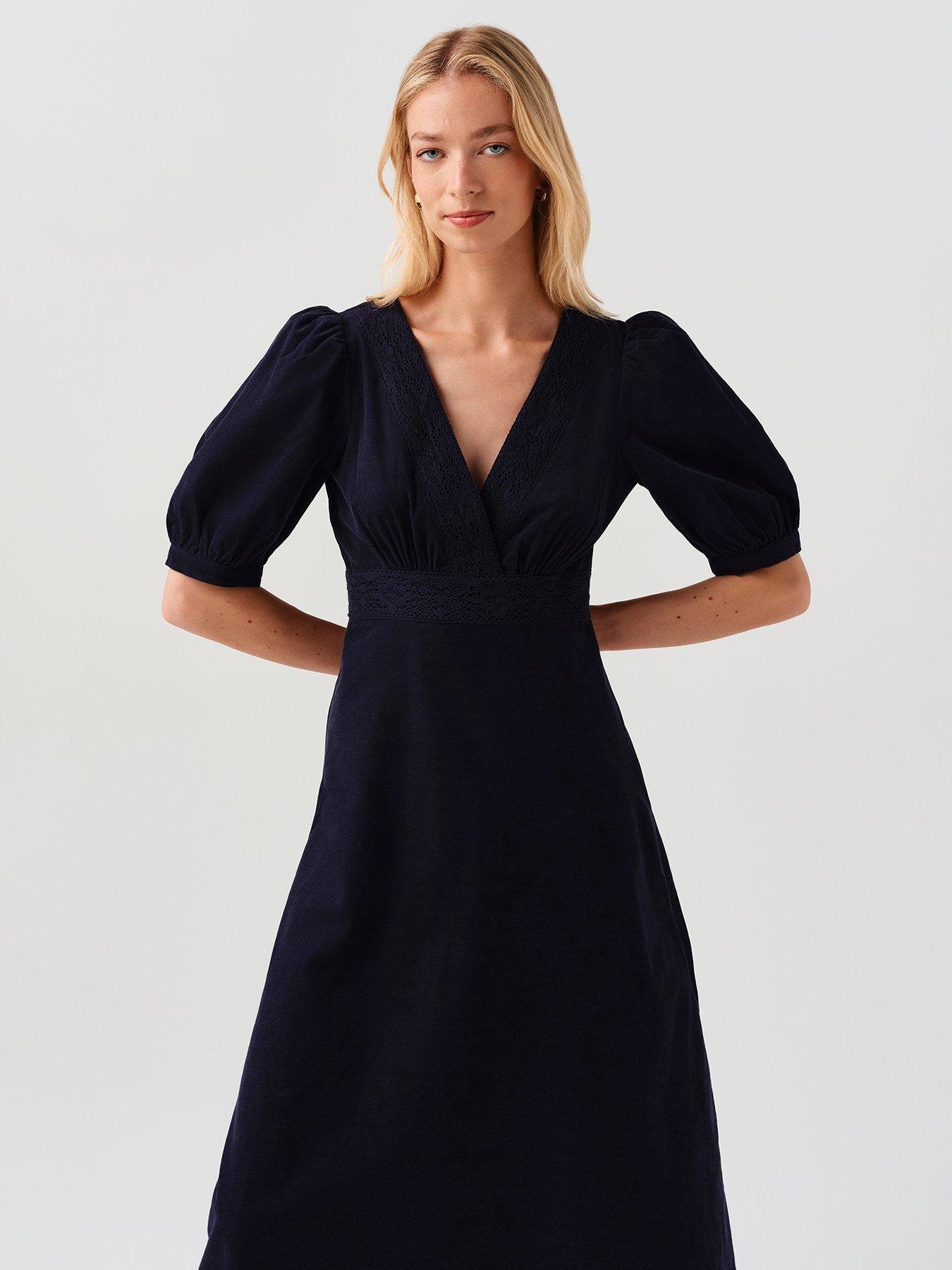 Image 6 of 7 of Ghost Womens Bella Wrap V-Neck Puff Sleeve Dress - Navy
