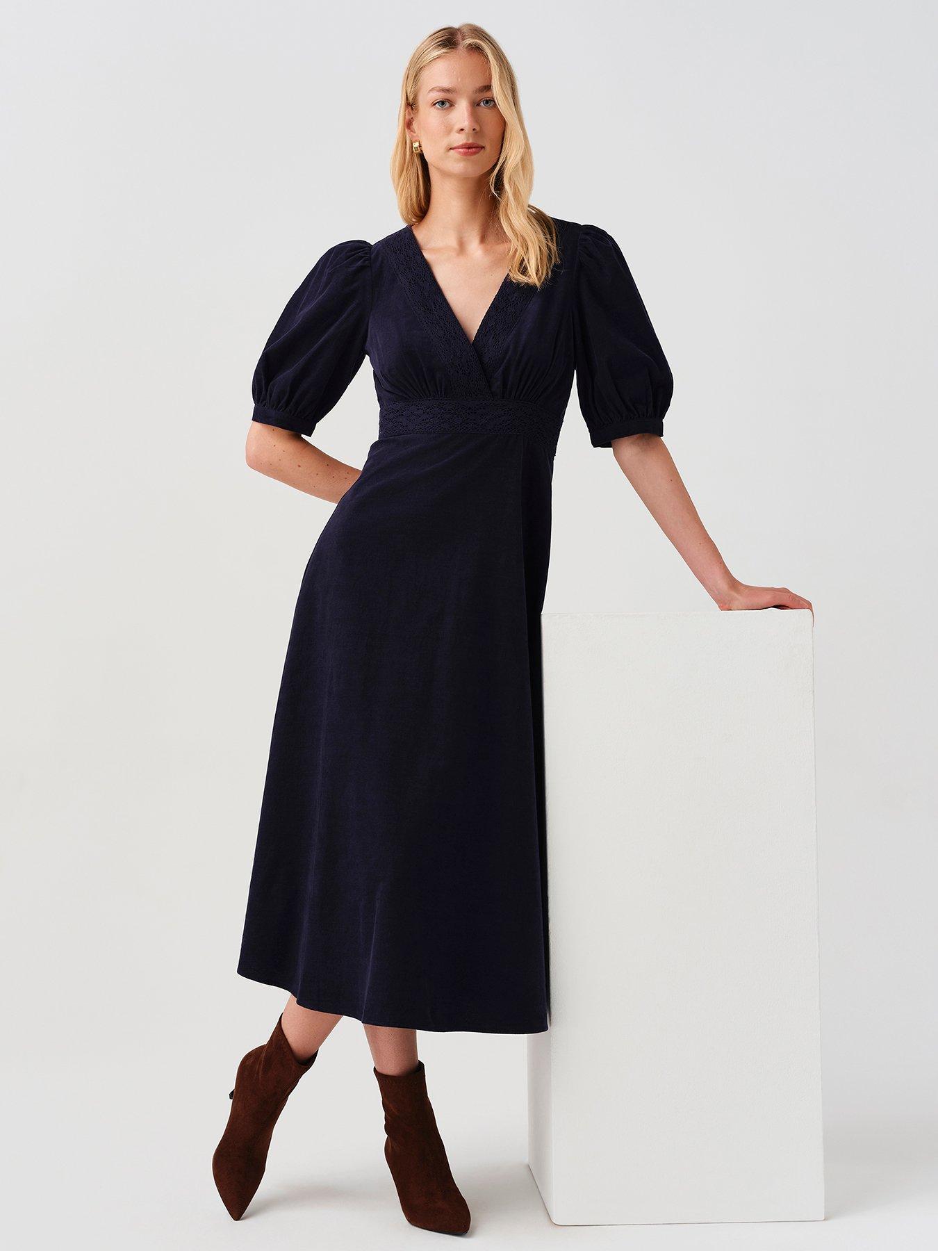 Image 7 of 7 of Ghost Womens Bella Wrap V-Neck Puff Sleeve Dress - Navy