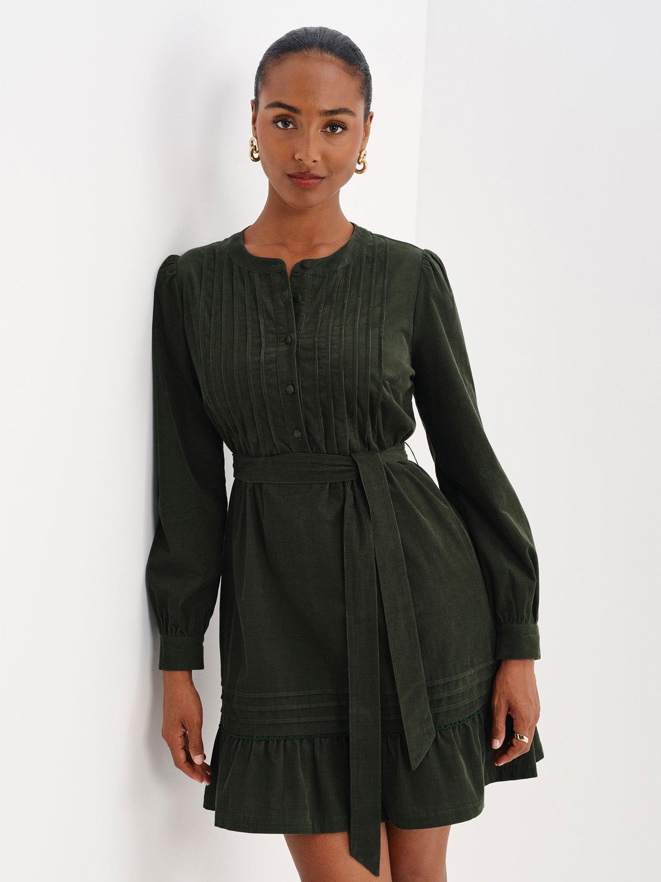 Image 3 of 7 of Finery Womens Marianne Tie Waist Cord Dress - Green