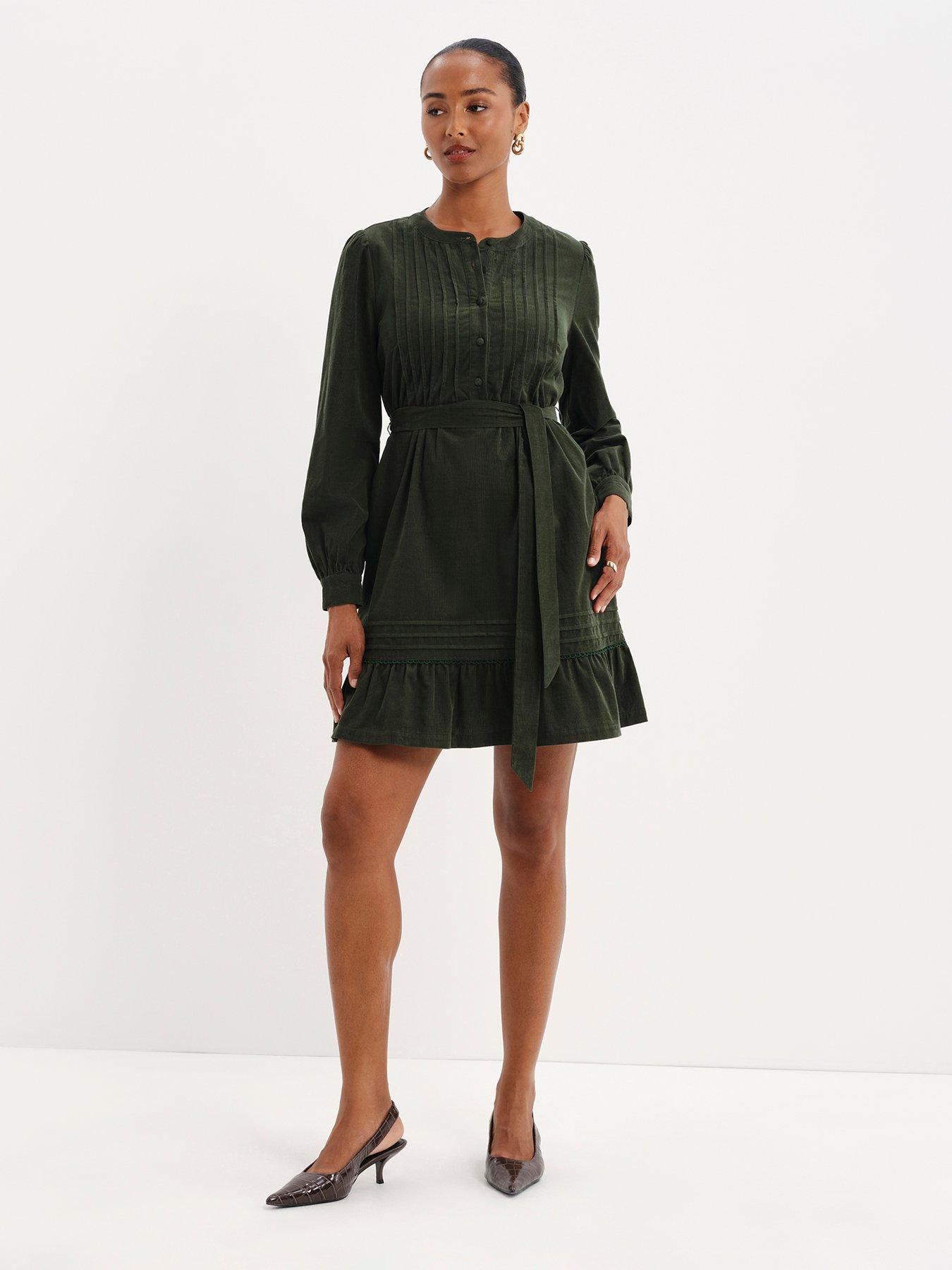 Image 4 of 7 of Finery Womens Marianne Tie Waist Cord Dress - Green