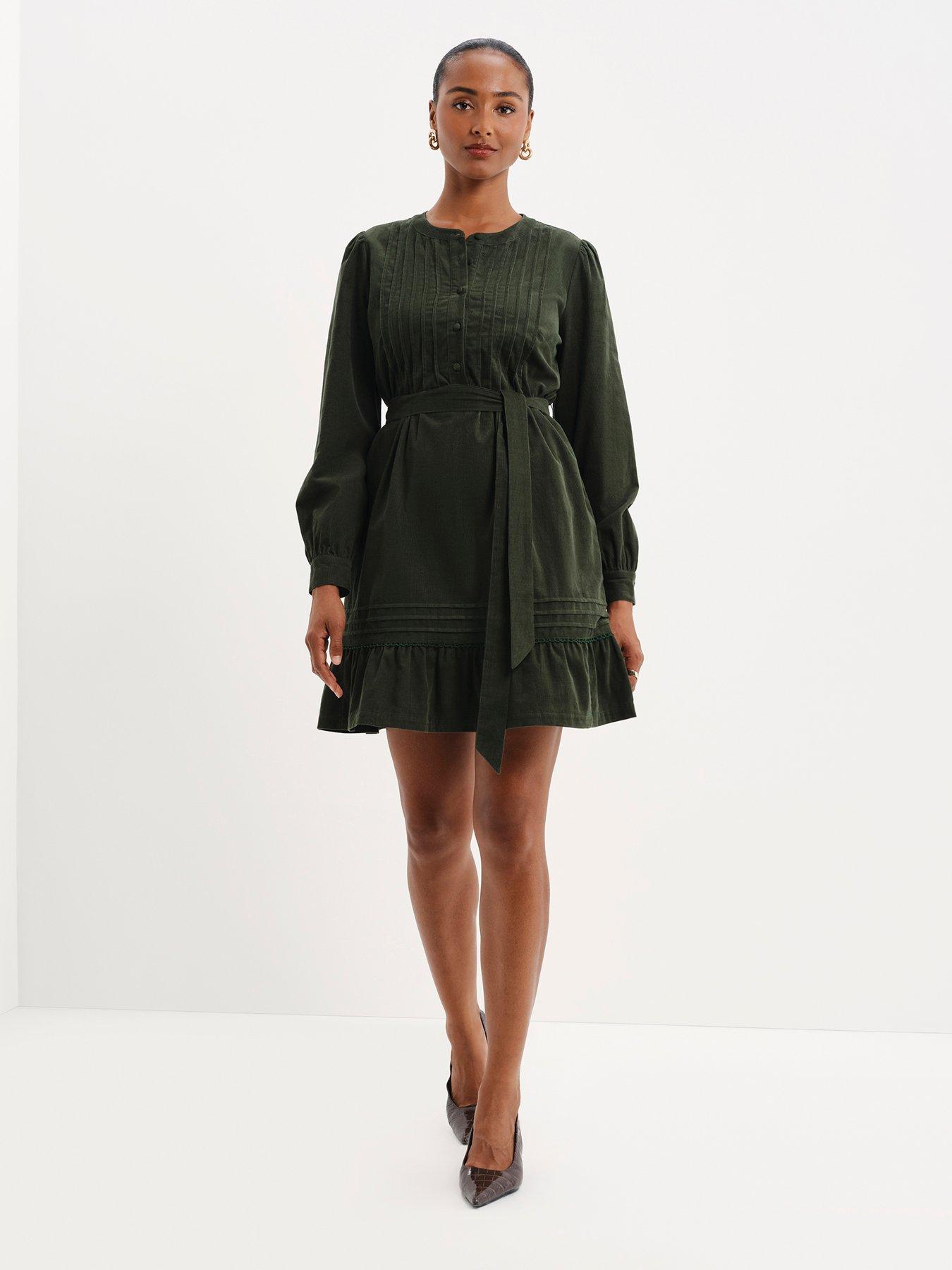 Image 5 of 7 of Finery Womens Marianne Tie Waist Cord Dress - Green