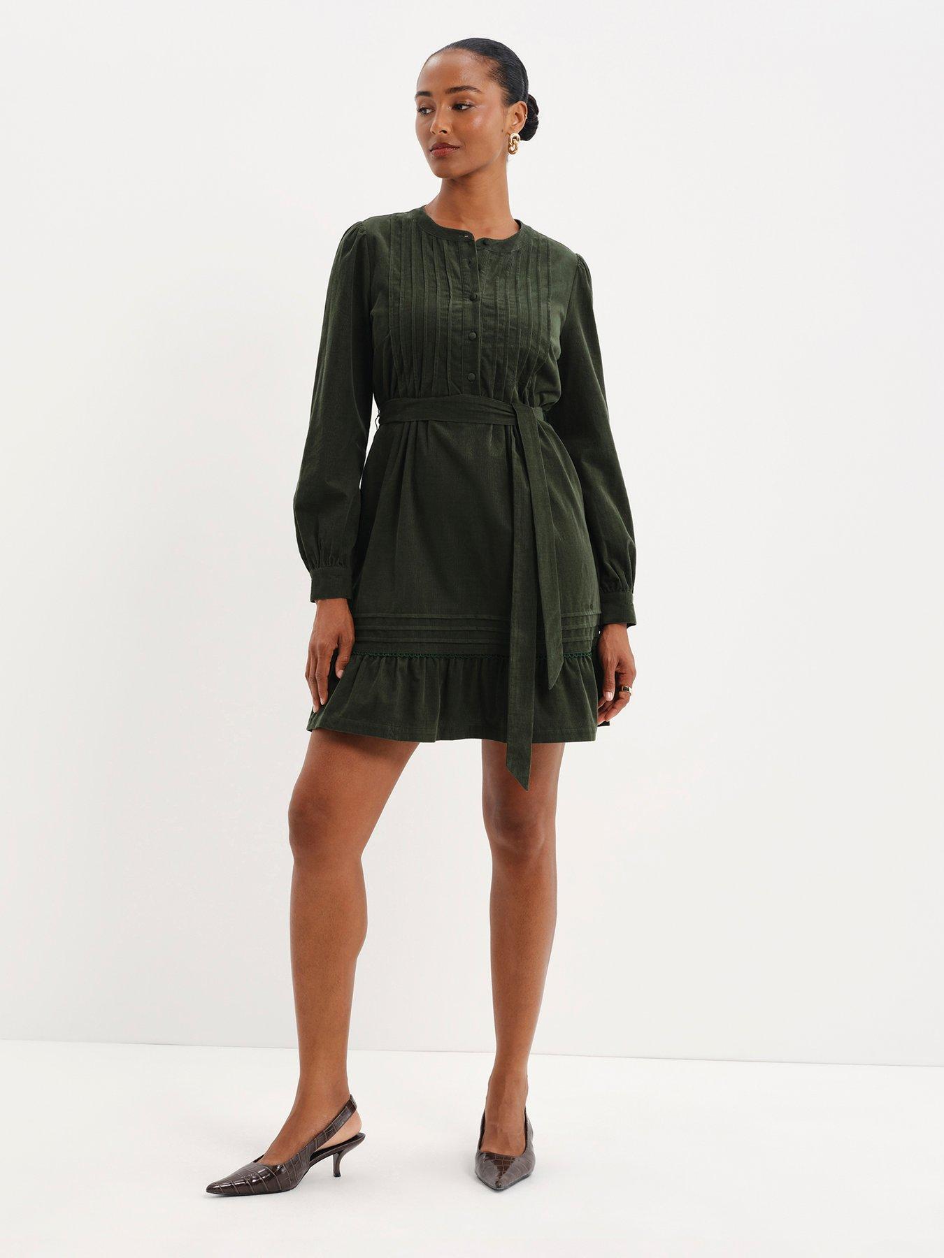Image 6 of 7 of Finery Womens Marianne Tie Waist Cord Dress - Green