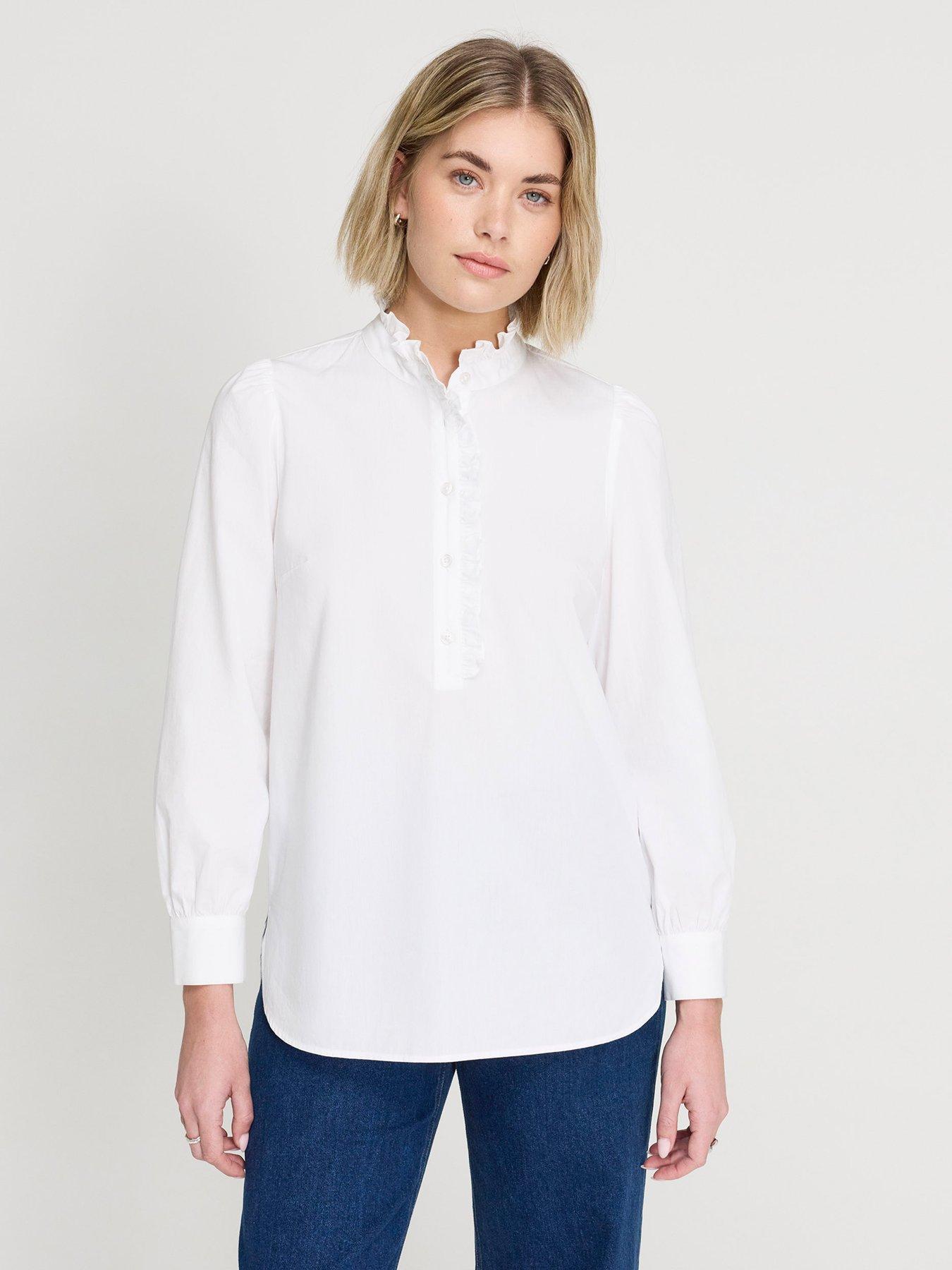 Image 1 of 6 of Finery Womens Elizabeth Frill Collar Half Placket Shirt - White