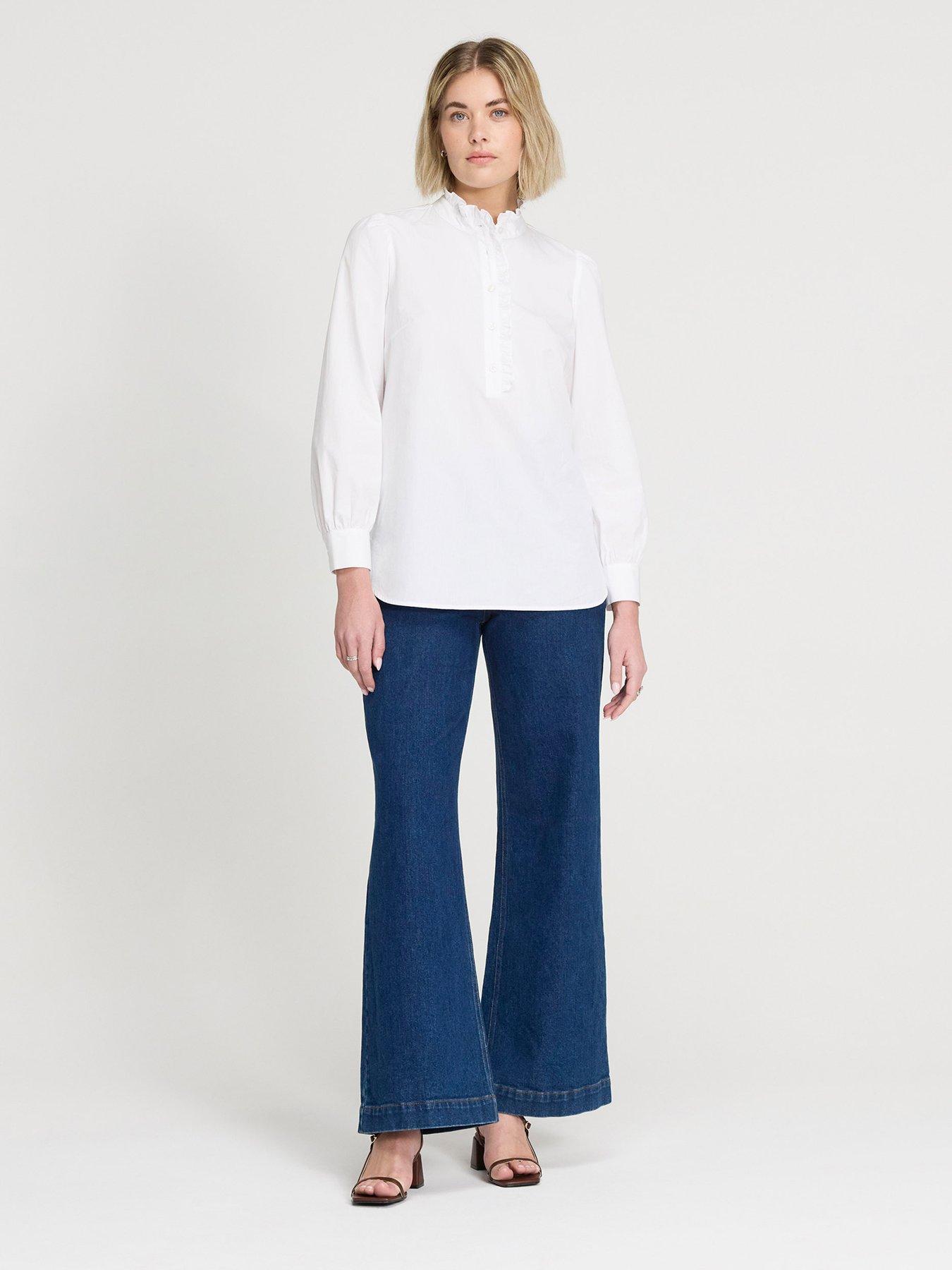 Image 3 of 6 of Finery Womens Elizabeth Frill Collar Half Placket Shirt - White