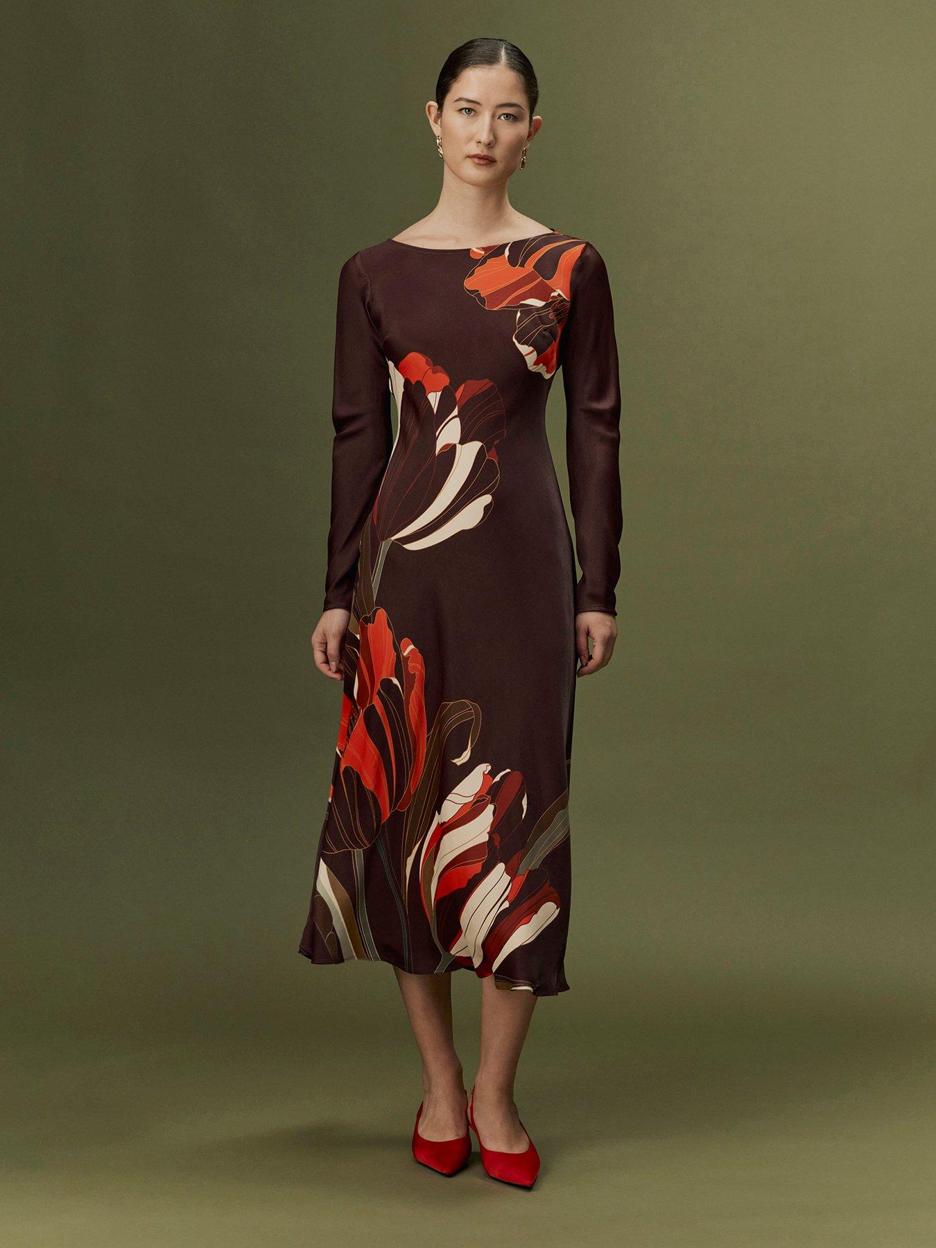 Image 1 of 7 of Ghost Burgundy Linear Floral Gigi Dress