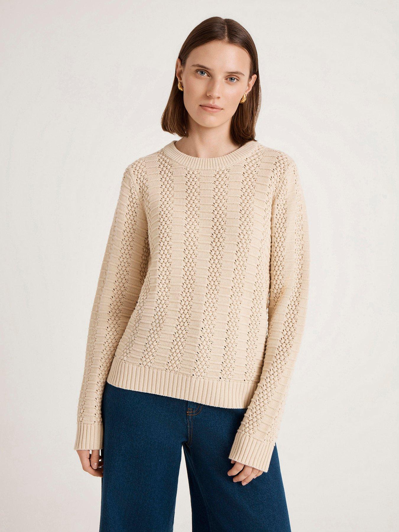 Finery Womens Nova Pointelle Cotton Crew Neck Jumper, Beige, Size 16, Women
