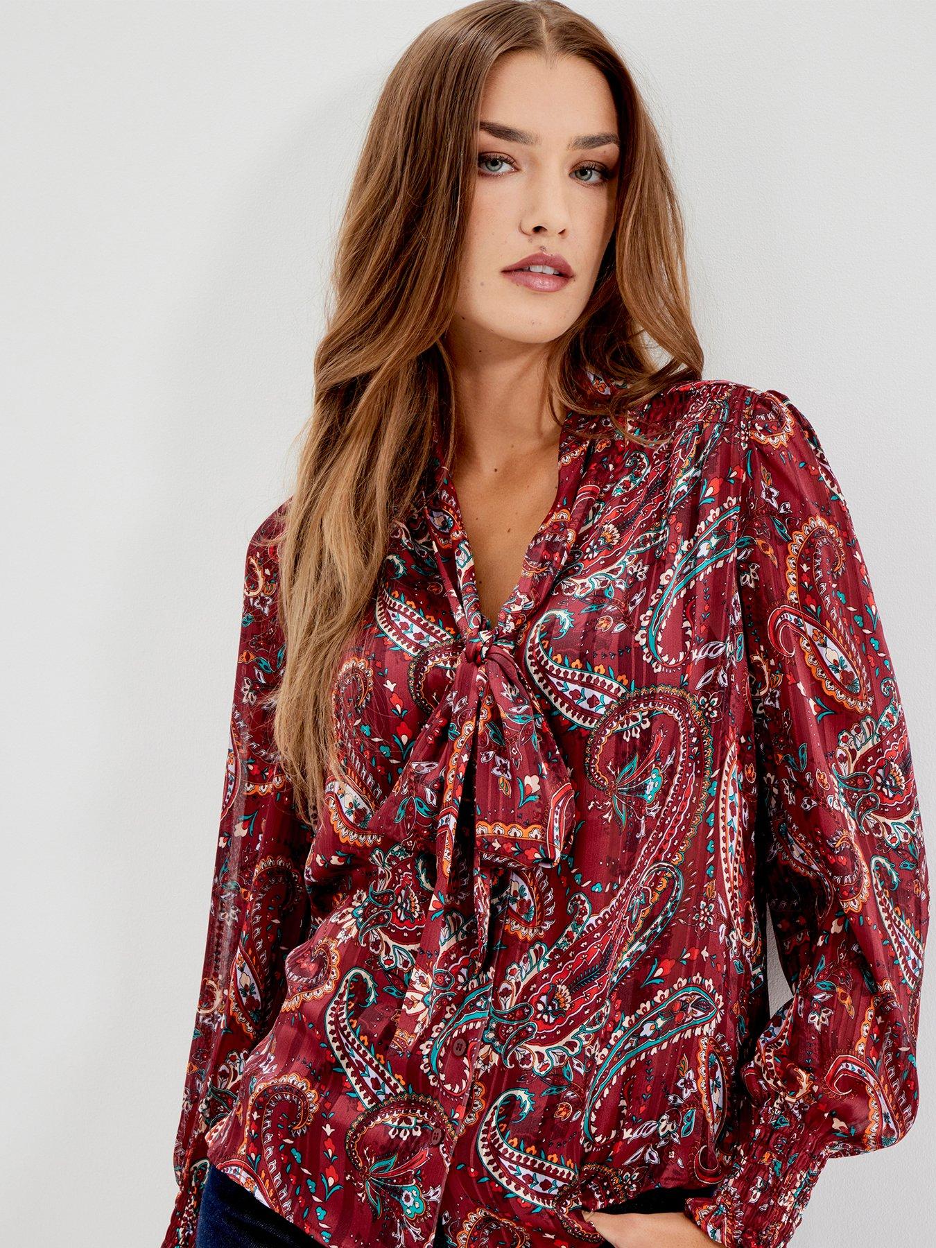 Finery Womens Mavis Tie-Neck Satin Stripe Chiffon Top, Burgundy, Size 14, Women