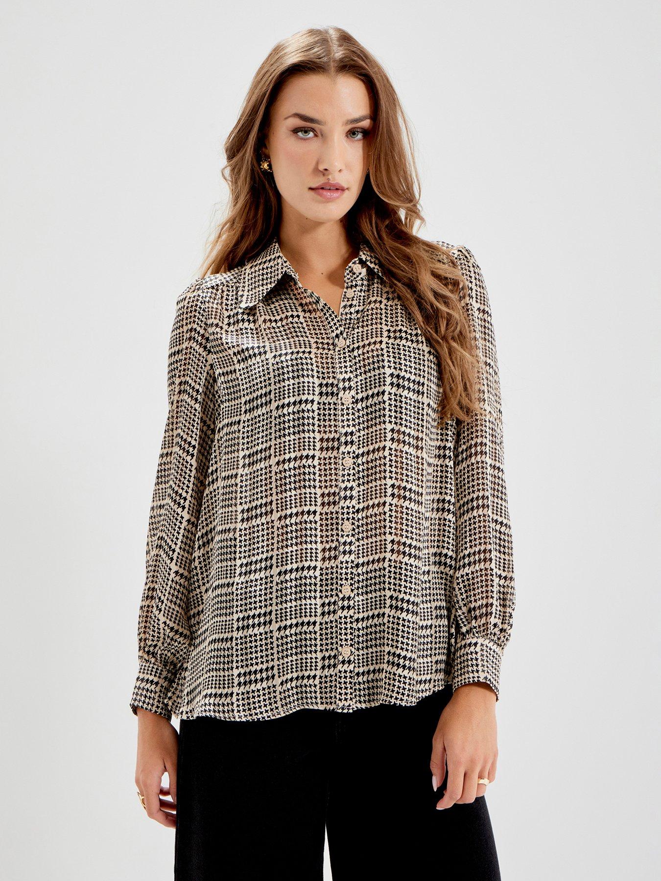 Finery Womens Melina Satin Stripe Chiffon Houndstooth Blouse, Beige, Size 16, Women