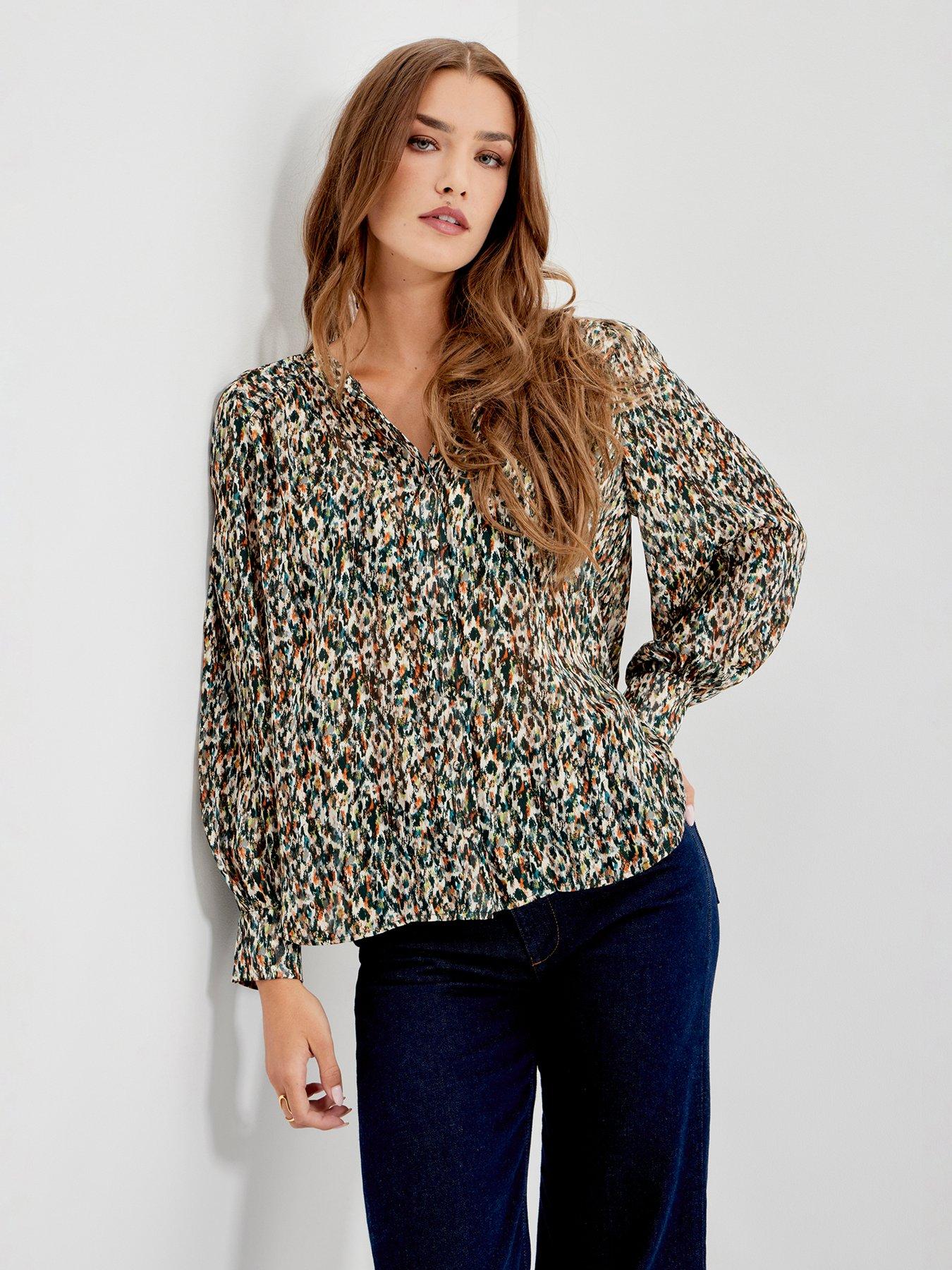 Image 1 of 7 of Finery Womens Lia Satin Stripe Chiffon Animal Blouse - Green