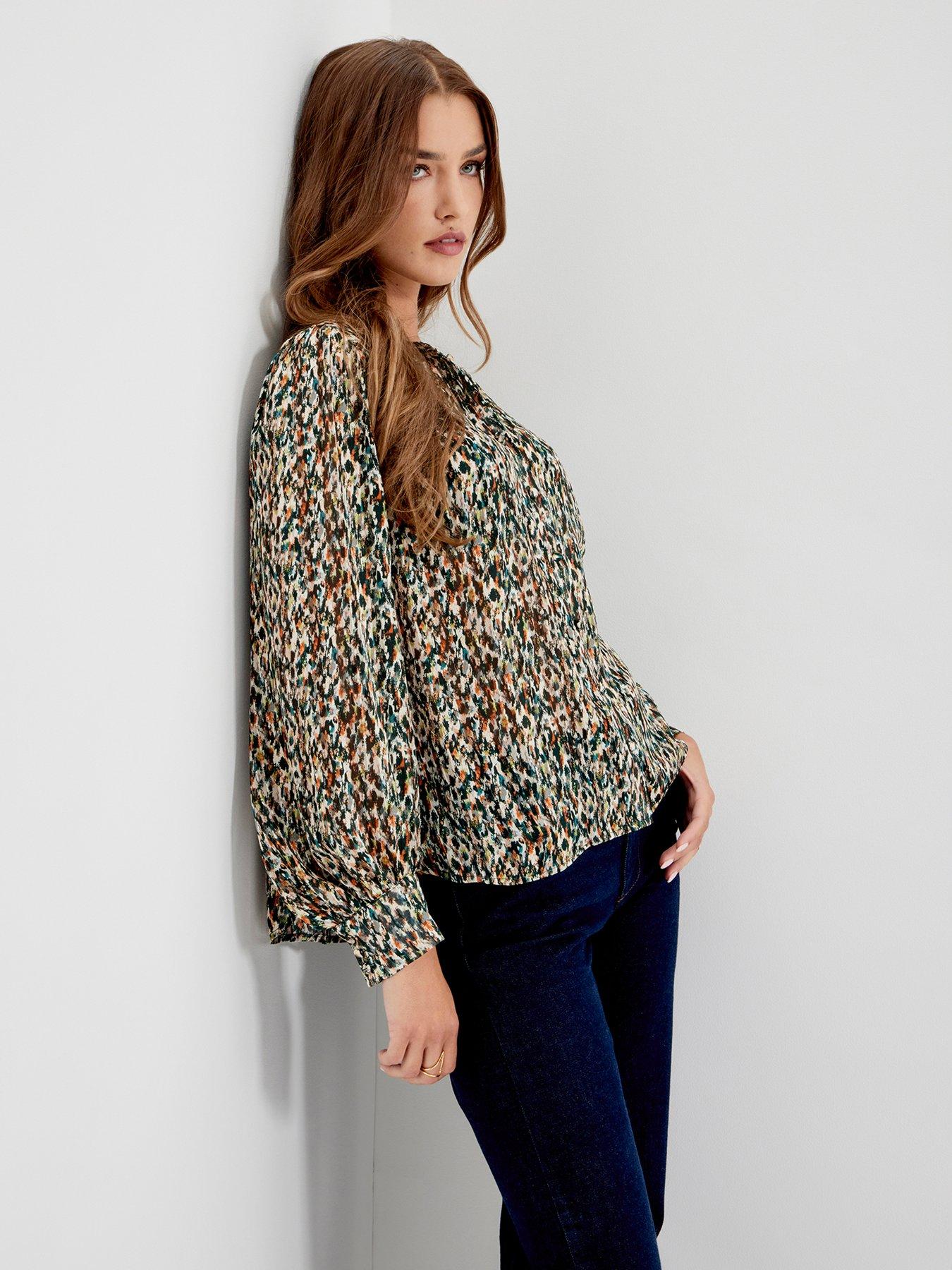 Image 4 of 7 of Finery Womens Lia Satin Stripe Chiffon Animal Blouse - Green