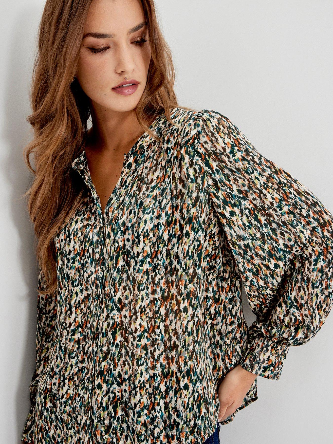 Image 6 of 7 of Finery Womens Lia Satin Stripe Chiffon Animal Blouse - Green