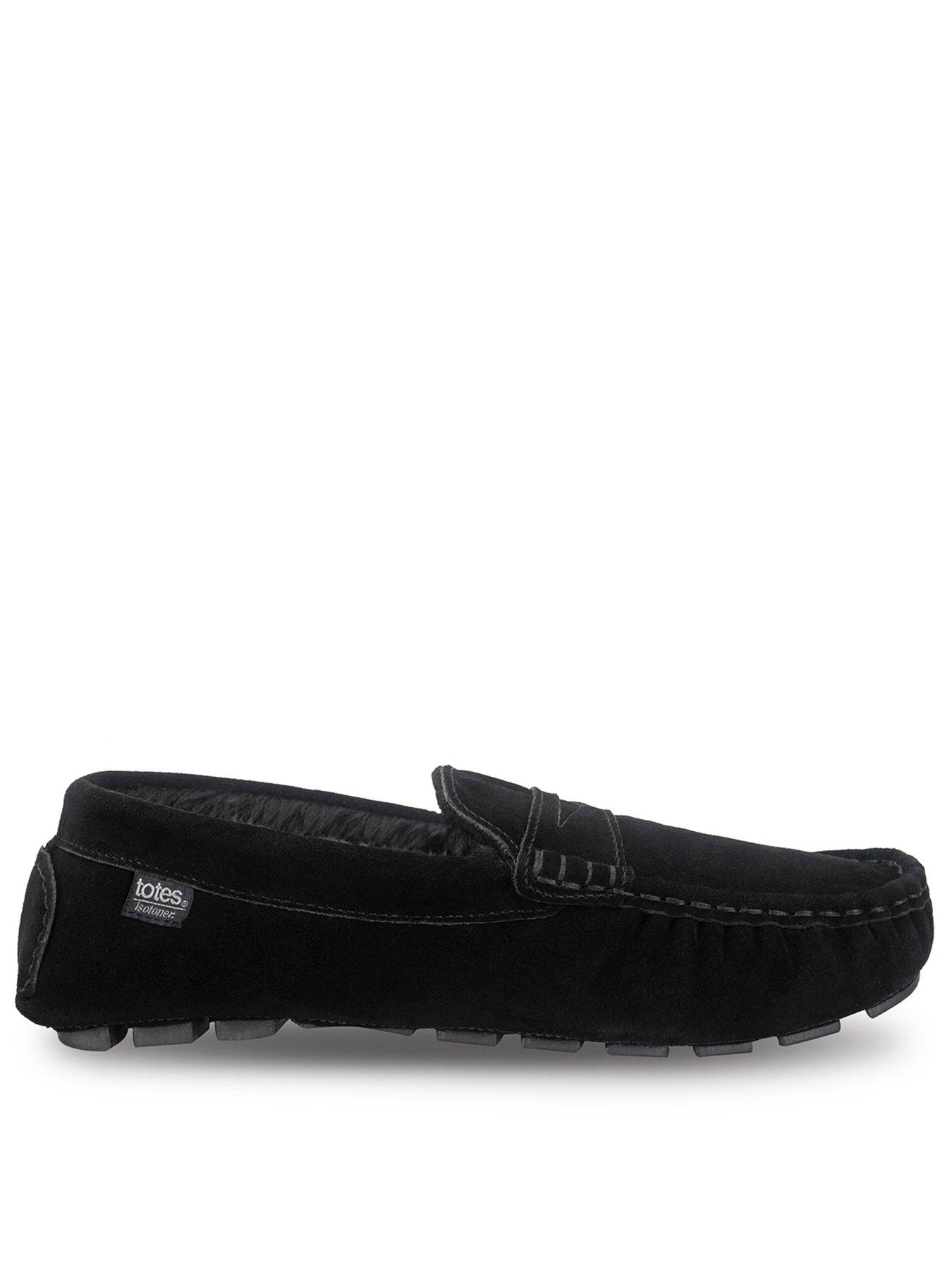 Image 1 of 6 of Totes Isotoner Mens Suede Moccasin Slippers With Faux Fur Lining - Black