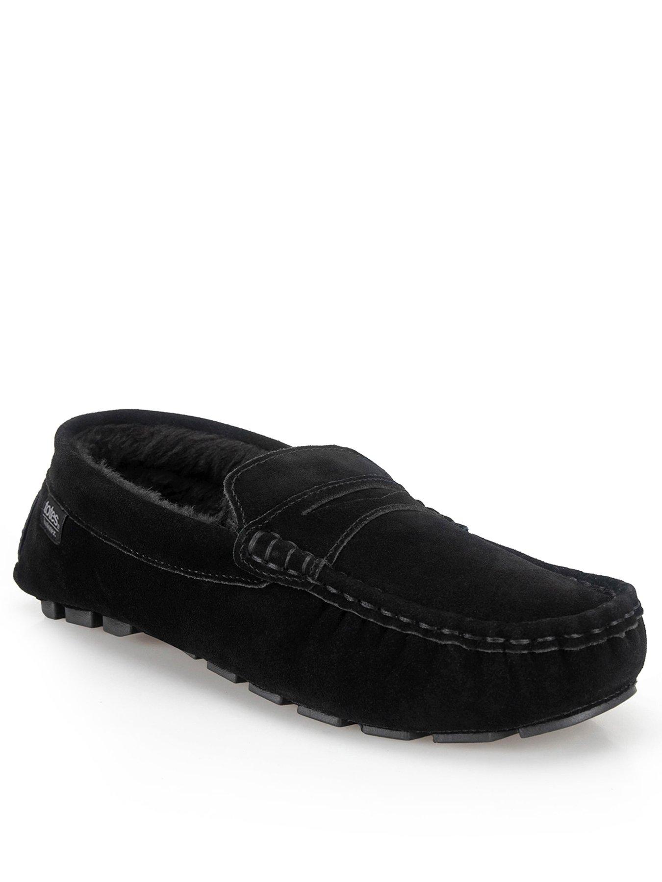 Image 2 of 6 of Totes Isotoner Mens Suede Moccasin Slippers With Faux Fur Lining - Black