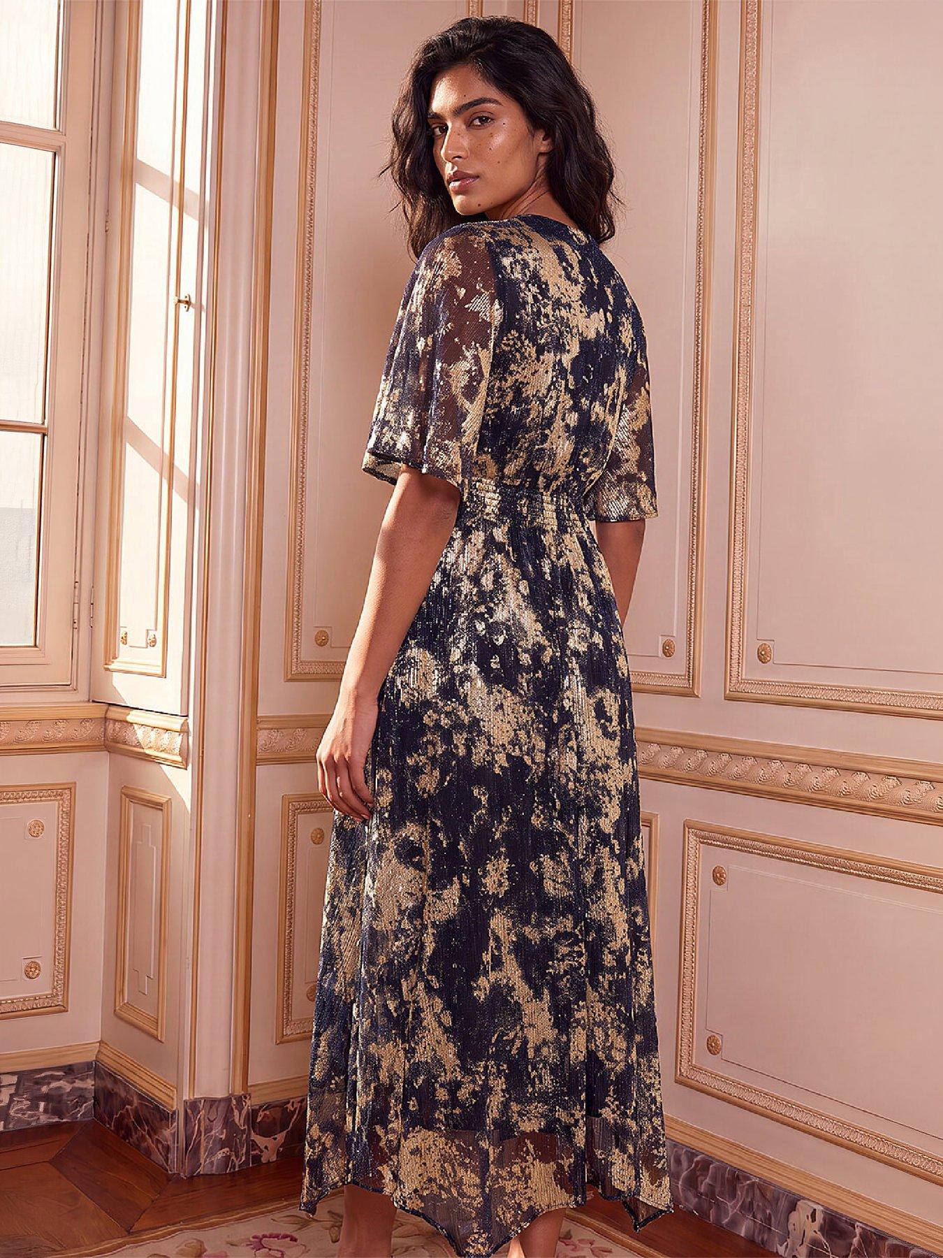 Image 3 of 4 of Roman Womens Flutter Foiltwist Twist Front Metallic Midi Dress - Blue