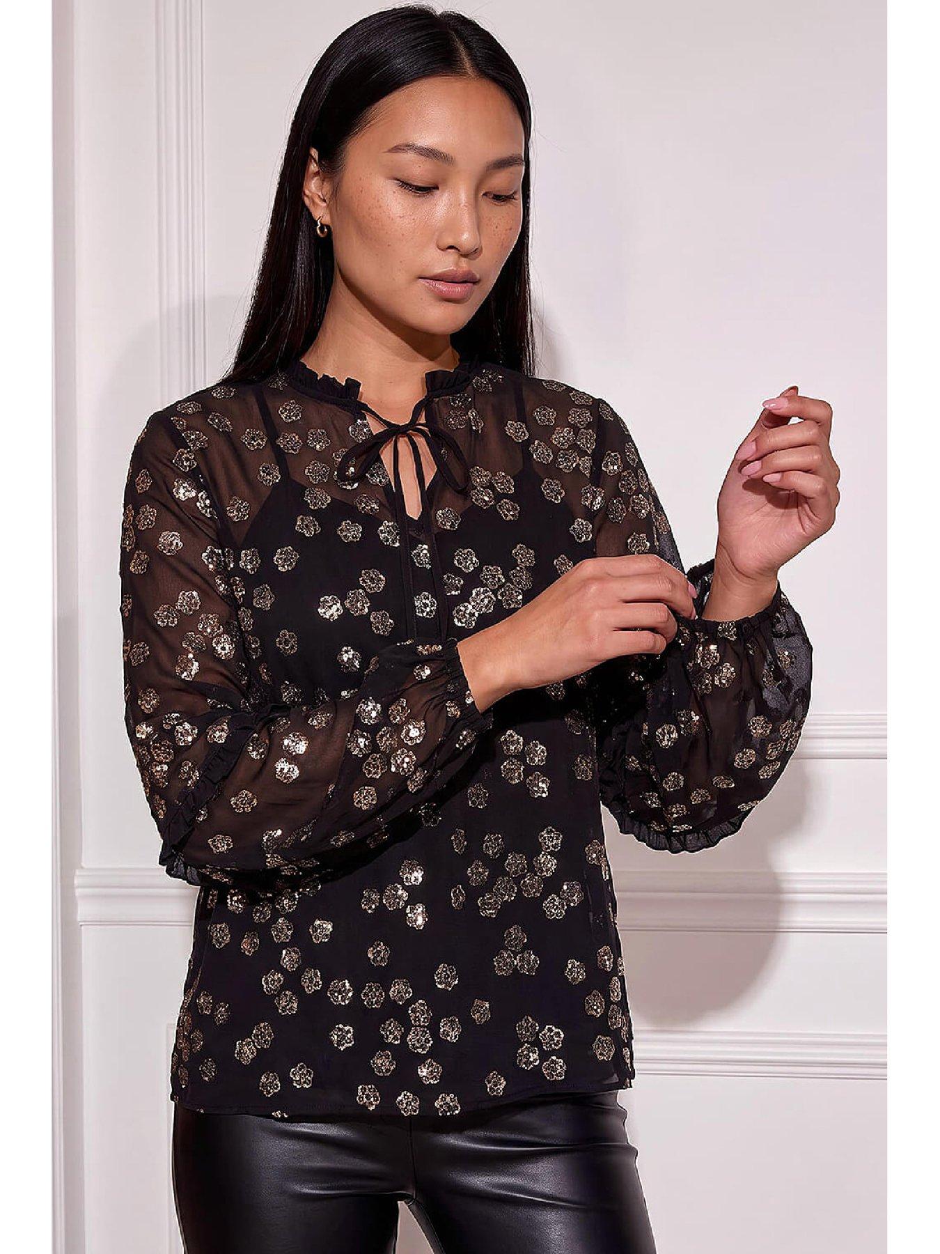 Image 1 of 4 of Roman Womens Floral Sequin Tie Neck Blouse - Black