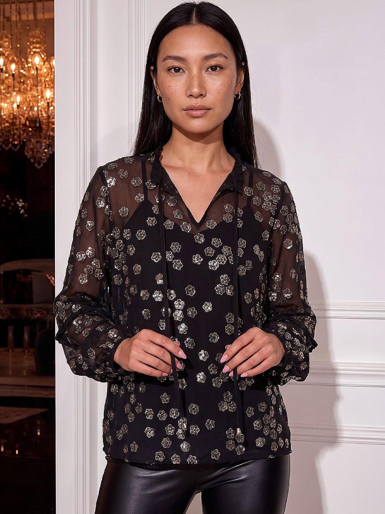 Image 4 of 4 of Roman Womens Floral Sequin Tie Neck Blouse - Black