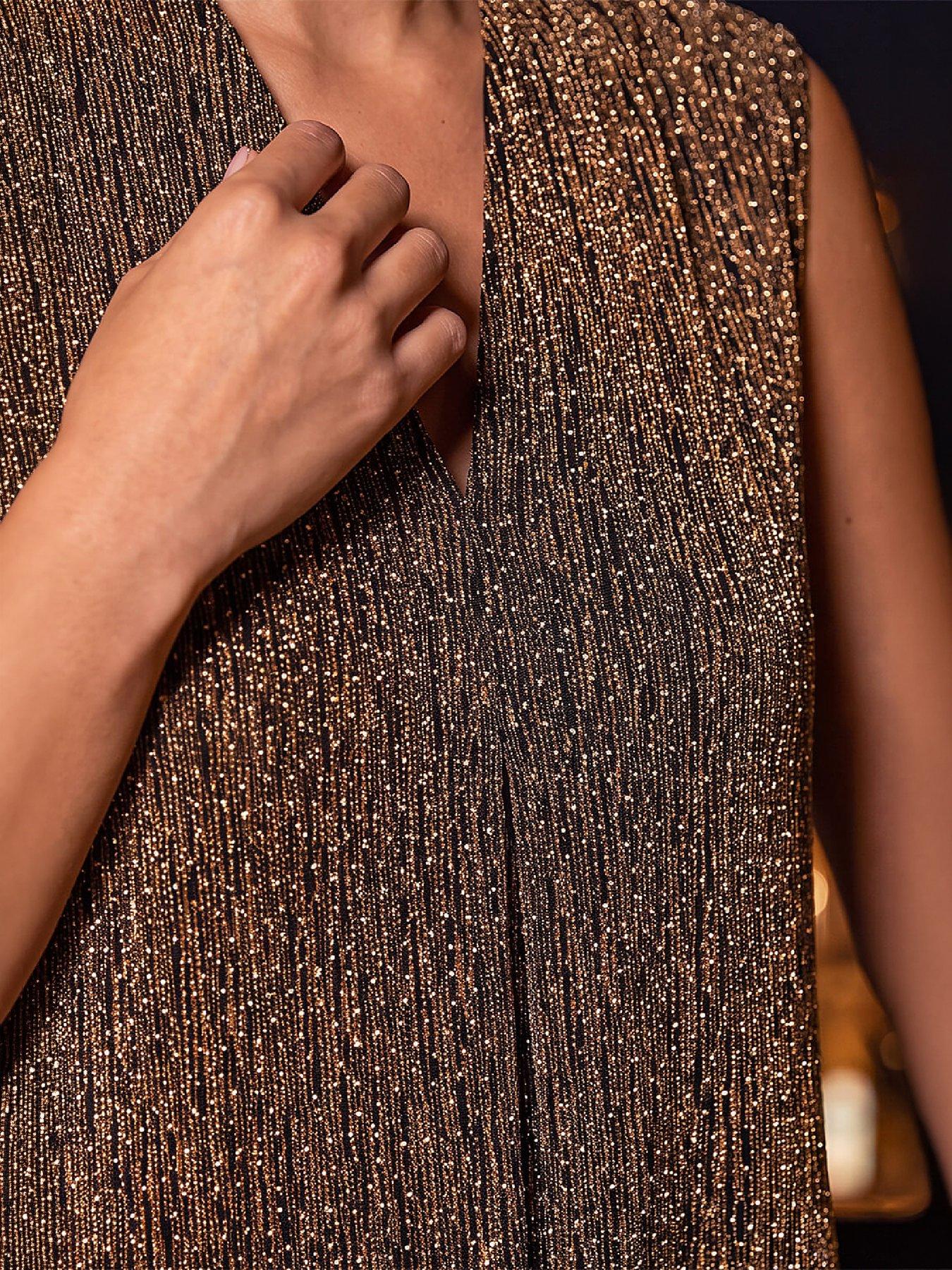 Image 2 of 3 of Roman Womens Easy Flow Metallic Shimmer Midi Dress - Gold
