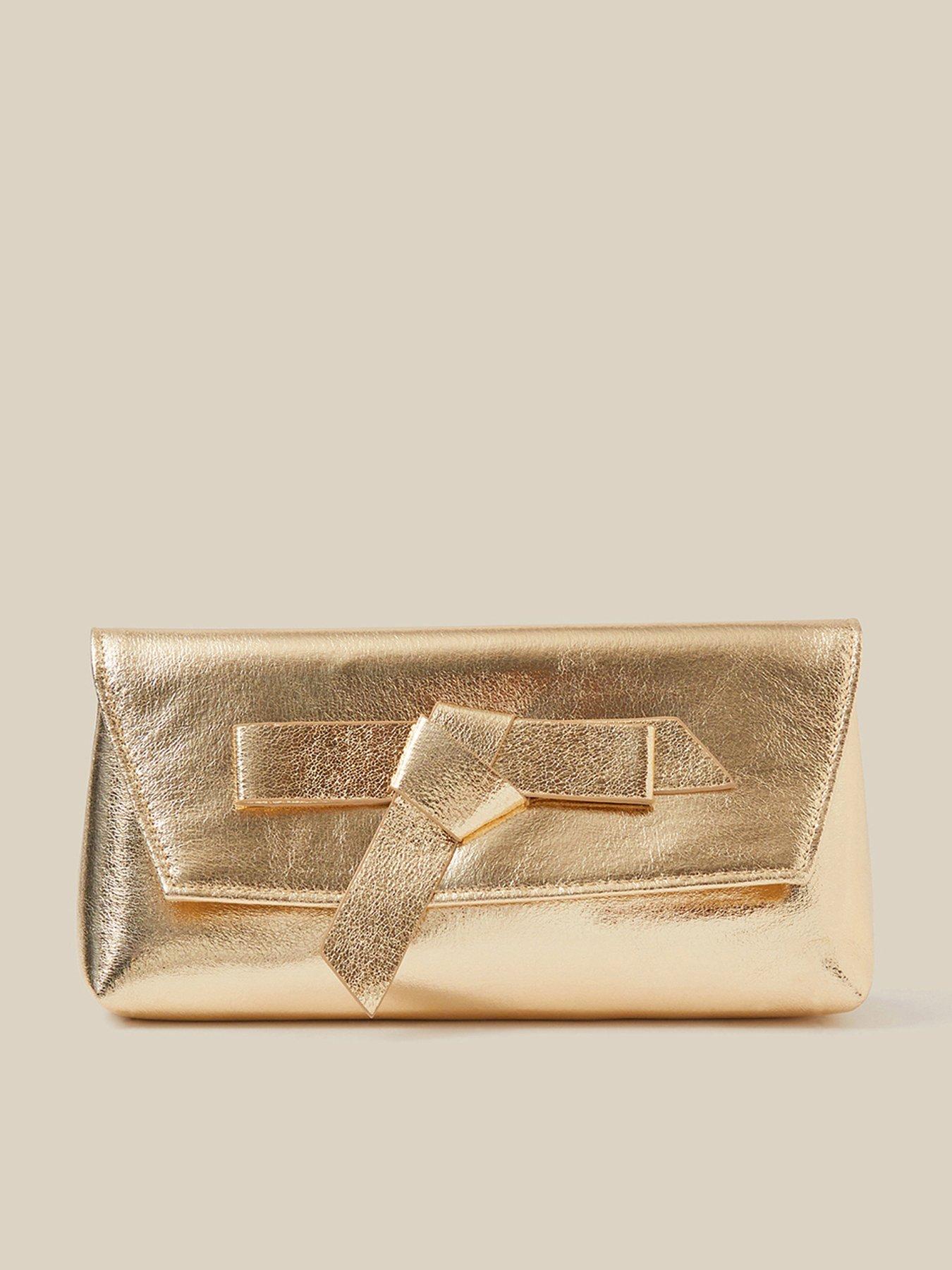 Image 1 of 4 of Monsoon Womens Pippa Bow Metallic Clutch Bag - Gold
