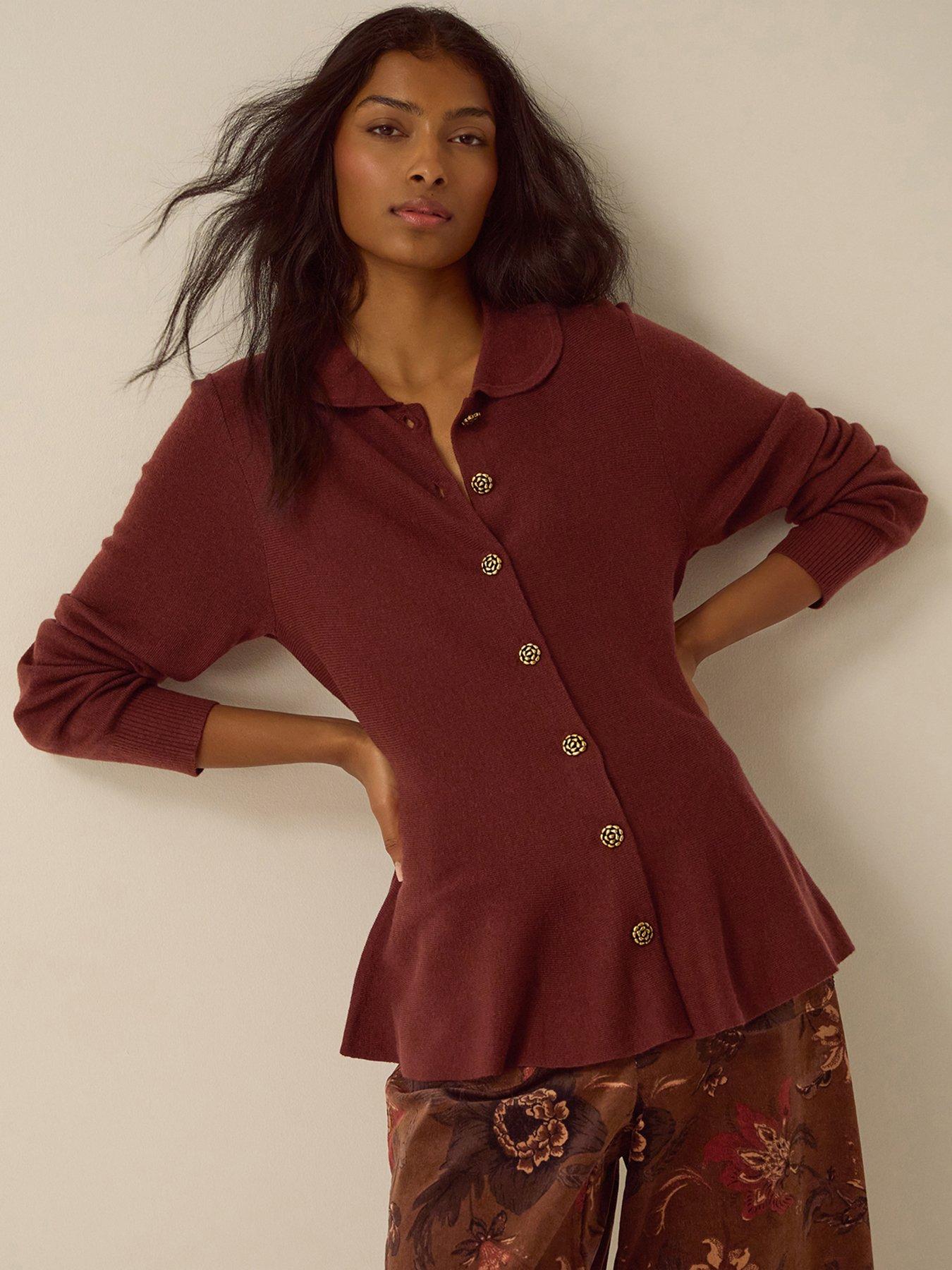 Image 1 of 5 of Monsoon Womens Kay Collared Peplum Button Cardigan - Brown