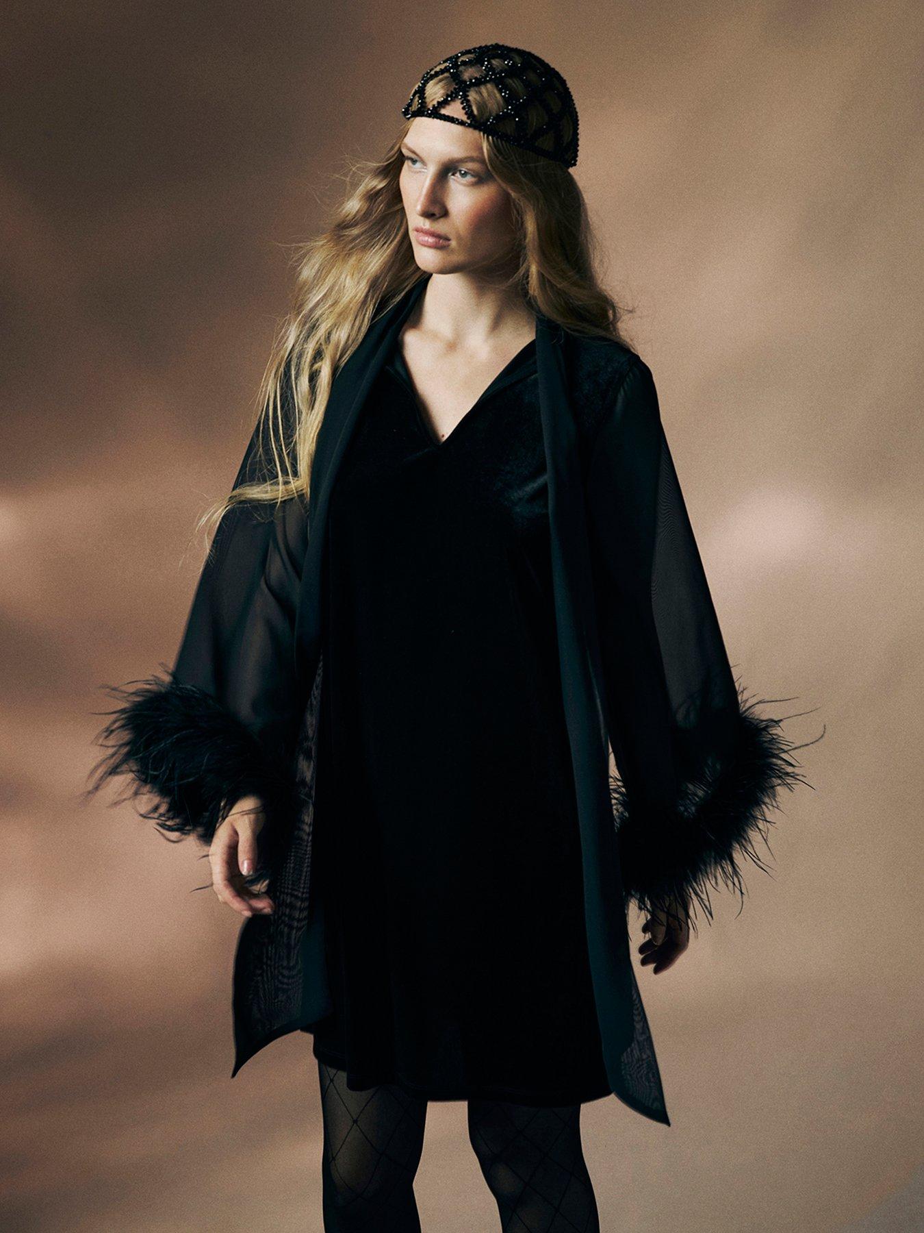 Image 1 of 6 of Monsoon Womens Sadie Feather Cuff Tie Detail Mini Dress - Black