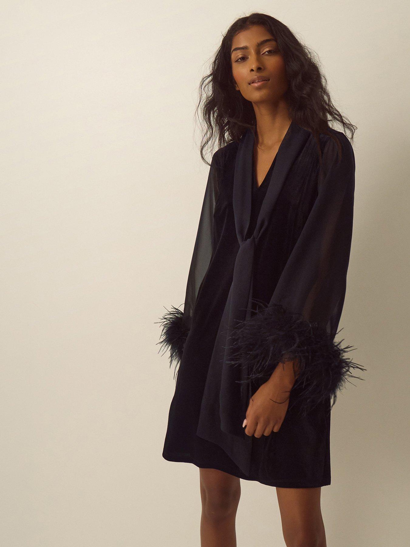 Image 3 of 6 of Monsoon Womens Sadie Feather Cuff Tie Detail Mini Dress - Black