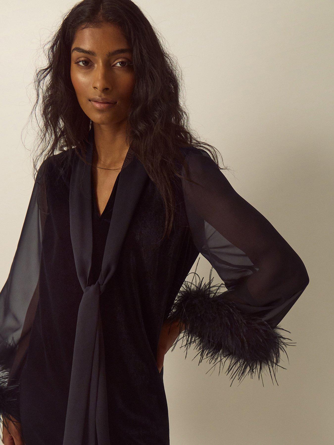 Image 5 of 6 of Monsoon Womens Sadie Feather Cuff Tie Detail Mini Dress - Black