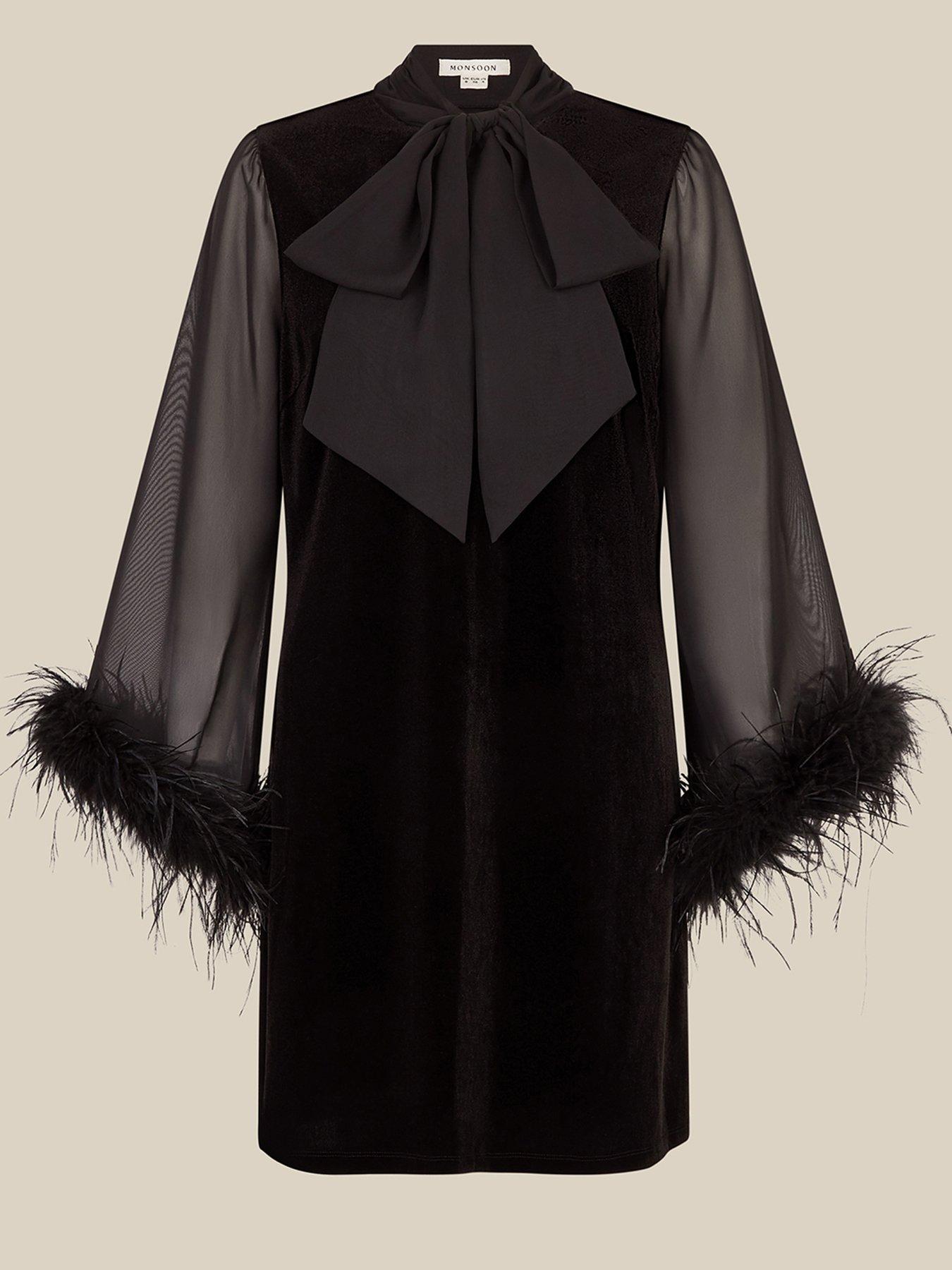 Image 6 of 6 of Monsoon Womens Sadie Feather Cuff Tie Detail Mini Dress - Black