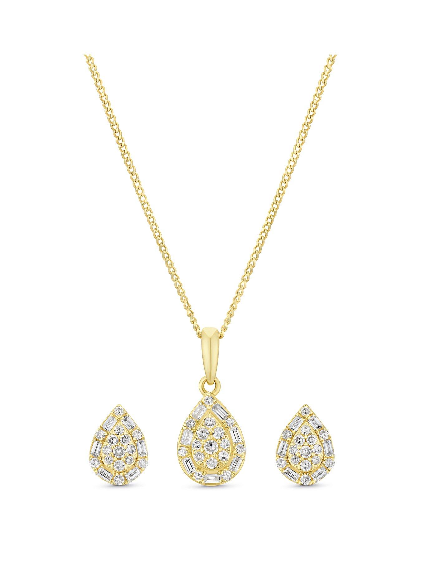 Image 1 of 3 of Ernest Jones 9ct Yellow Gold 0.40ct Diamond Pear Shaped Necklace & Earrings Gift Set