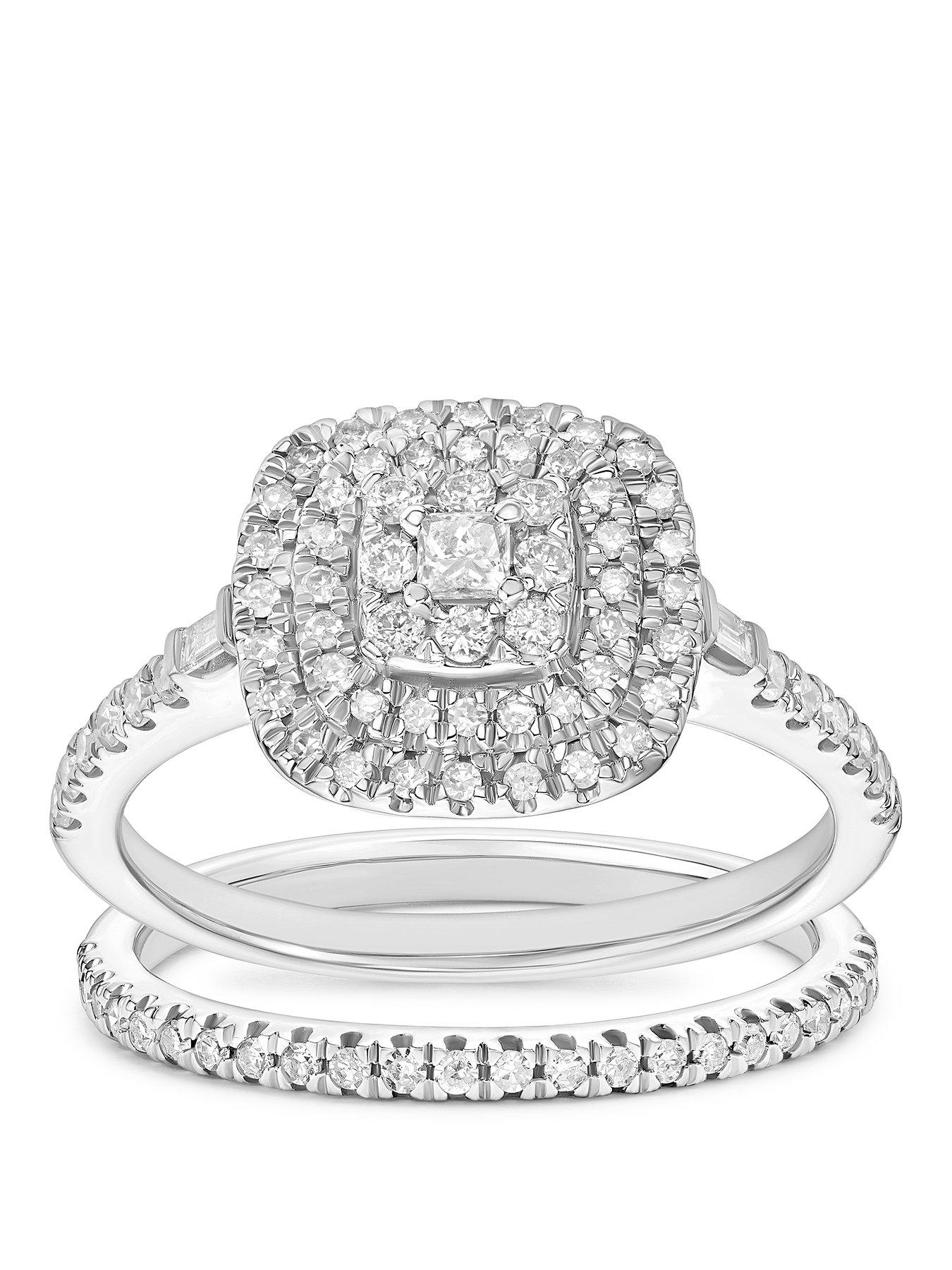 Image 1 of 3 of Ernest Jones Engagement Ring 9ct White Gold Princess Cut & Round 0.50ct Diamond Bridal Set