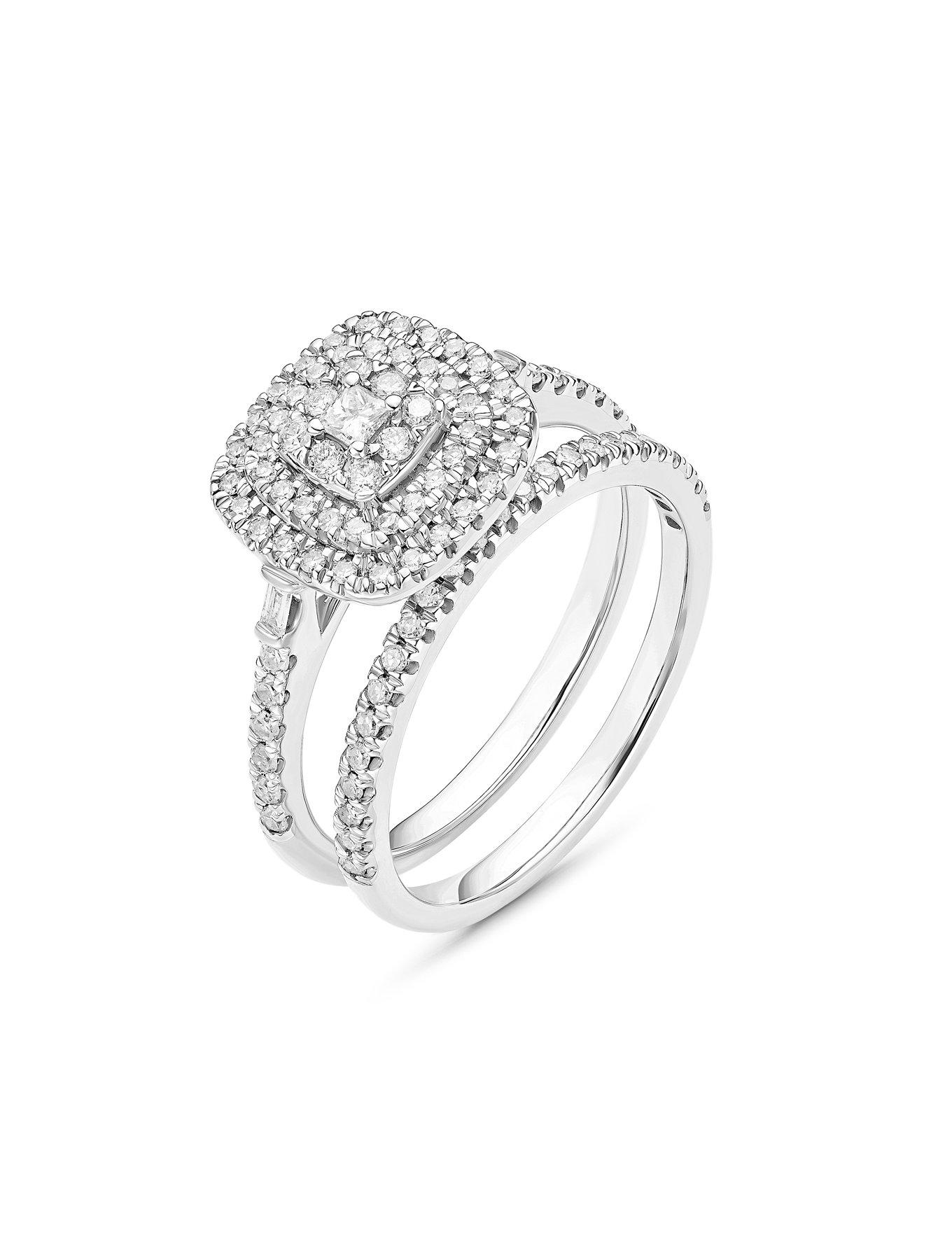 Image 2 of 3 of Ernest Jones Engagement Ring 9ct White Gold Princess Cut & Round 0.50ct Diamond Bridal Set
