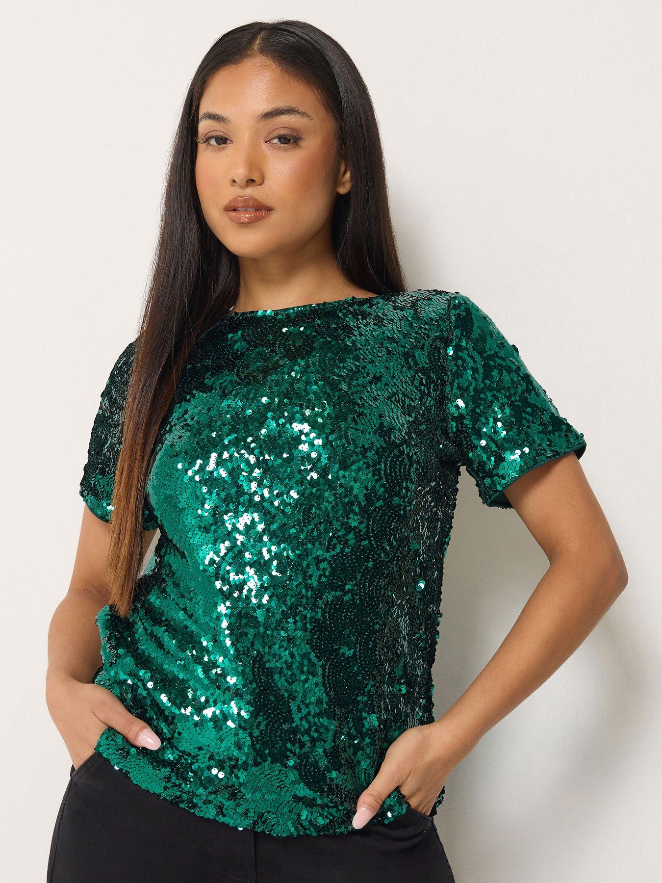 Image 1 of 4 of M&Co Petite Womens Petite Layered Sequin Top - Grey