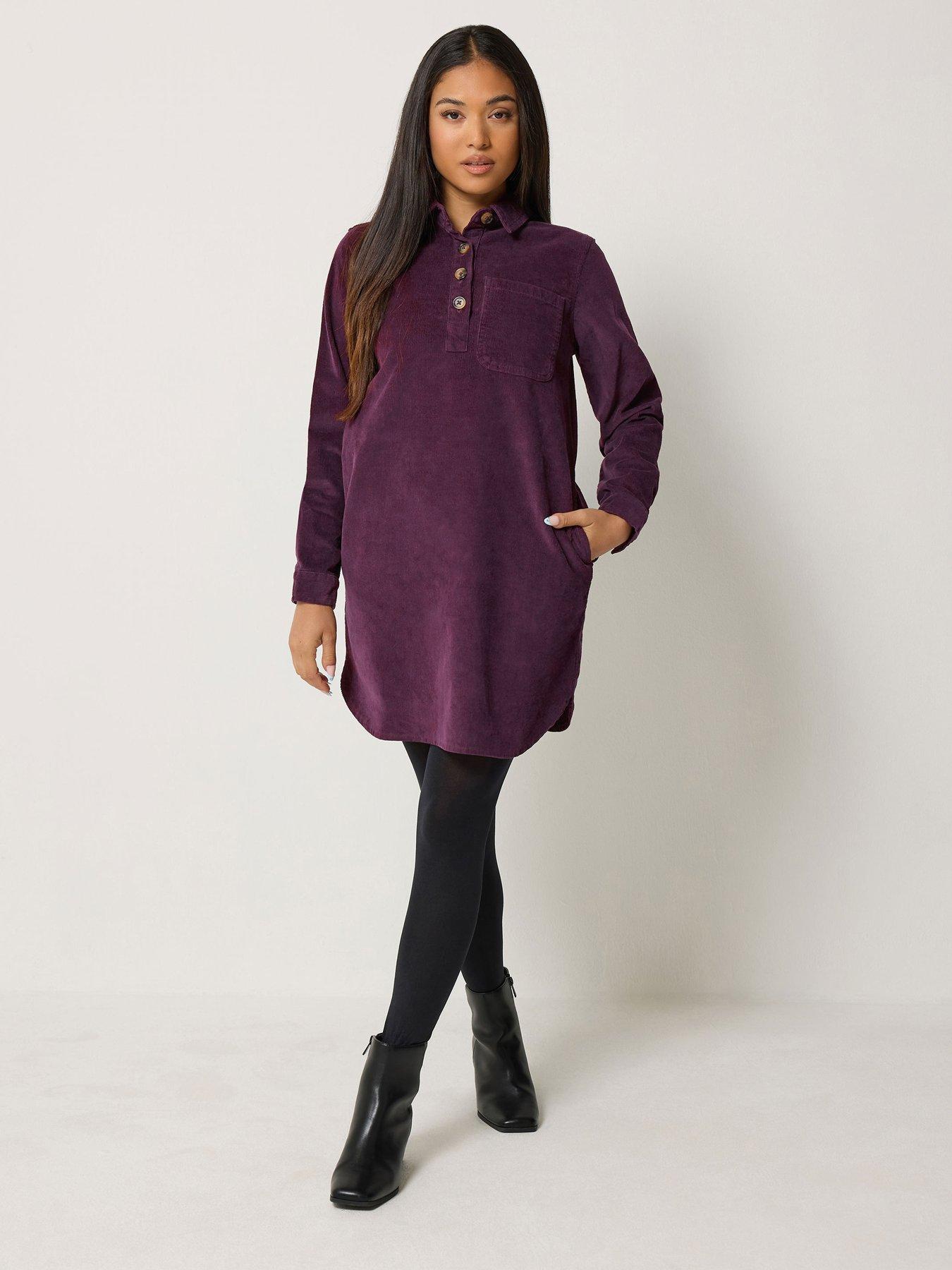 Image 1 of 4 of M&Co Petite Womens Petite Corduroy Mini Shirt Dress - Berry Purple