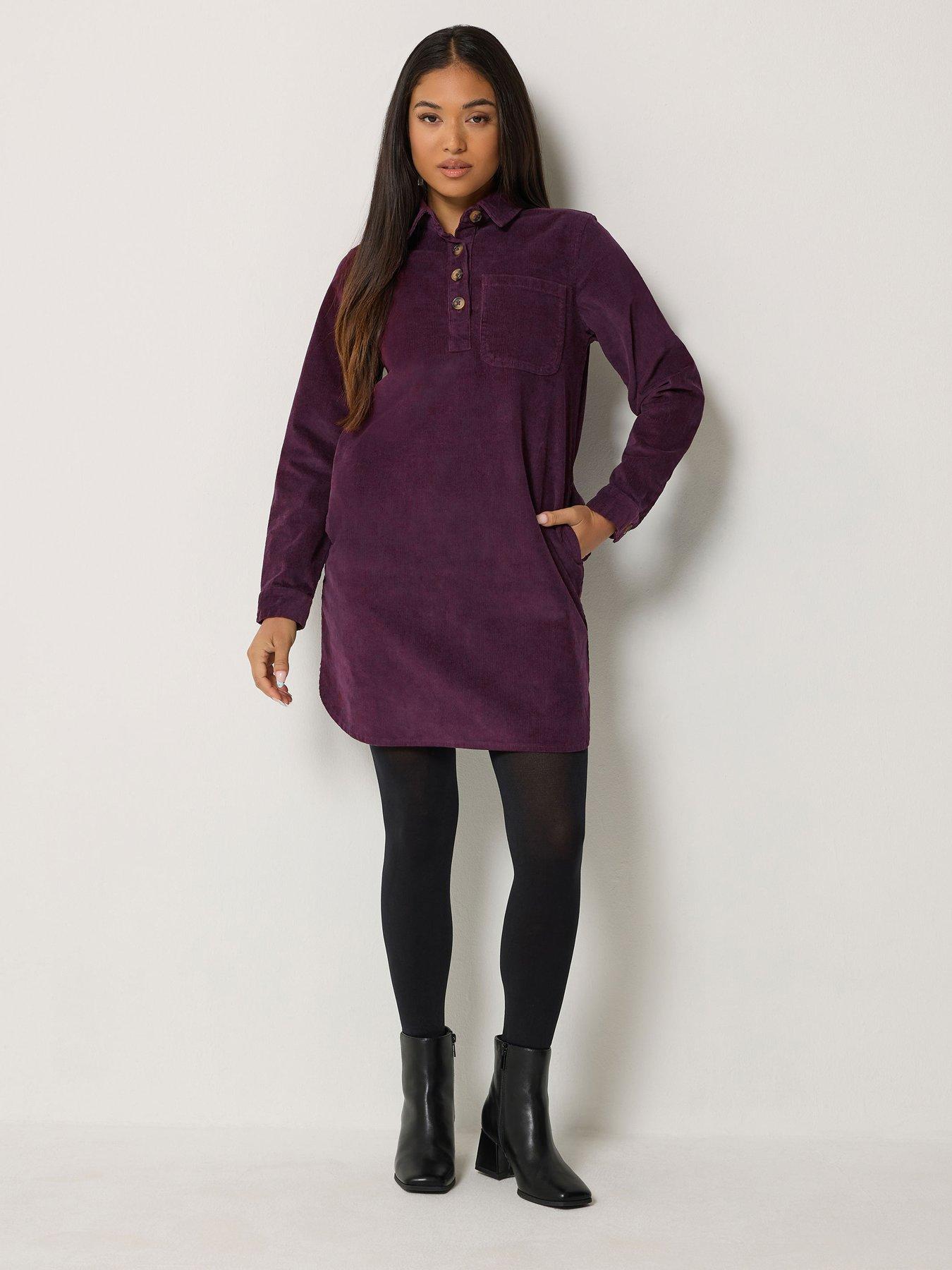 Image 3 of 4 of M&Co Petite Womens Petite Corduroy Mini Shirt Dress - Berry Purple