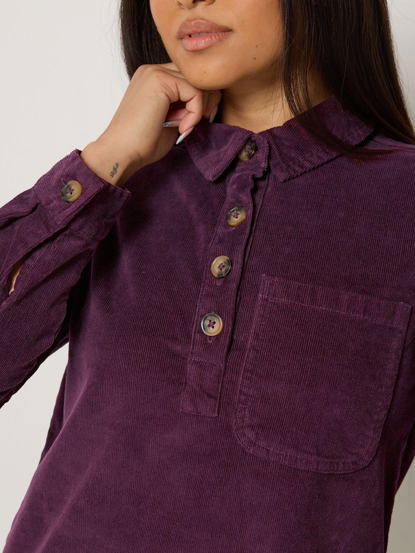 Image 4 of 4 of M&Co Petite Womens Petite Corduroy Mini Shirt Dress - Berry Purple