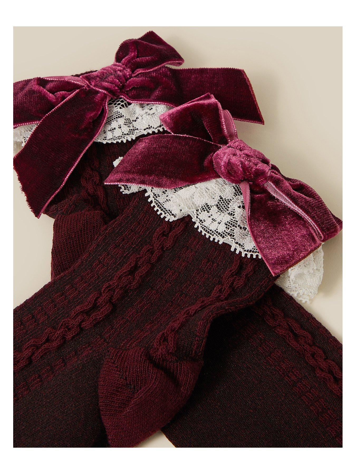 Image 2 of 2 of Monsoon Girls Lace Frill Velvet Bow Socks - Burgundy