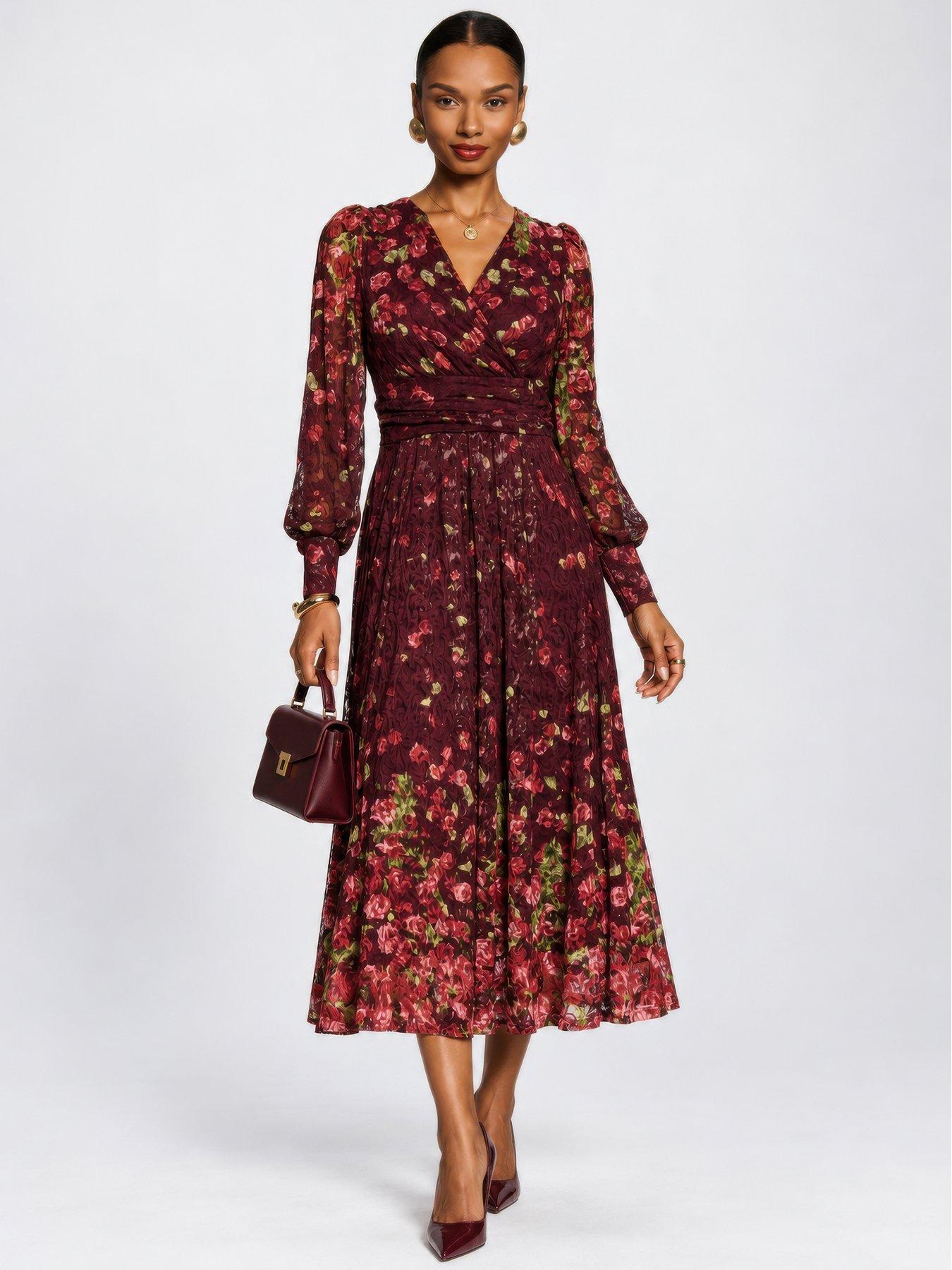Image 1 of 6 of Jolie Moi Womens Wrap-Look V-Neck Lace Overlay Maxi Dress - Red