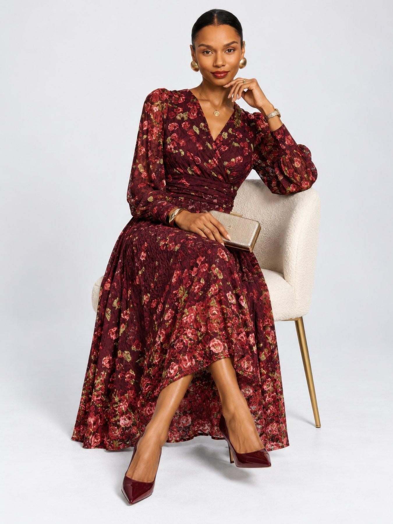 Image 3 of 6 of Jolie Moi Womens Wrap-Look V-Neck Lace Overlay Maxi Dress - Red