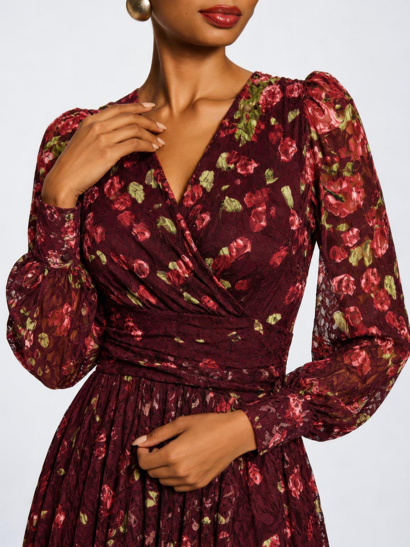 Image 4 of 6 of Jolie Moi Womens Wrap-Look V-Neck Lace Overlay Maxi Dress - Red