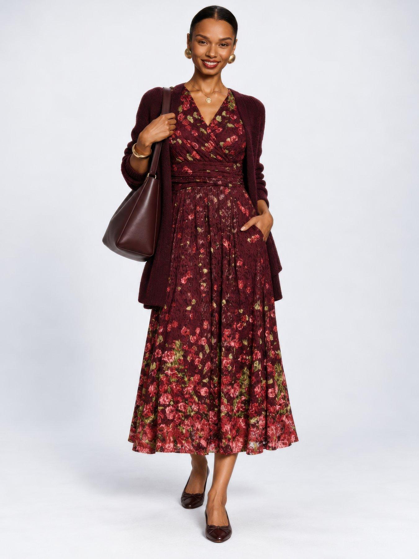 Image 6 of 6 of Jolie Moi Womens Wrap-Look V-Neck Lace Overlay Maxi Dress - Red