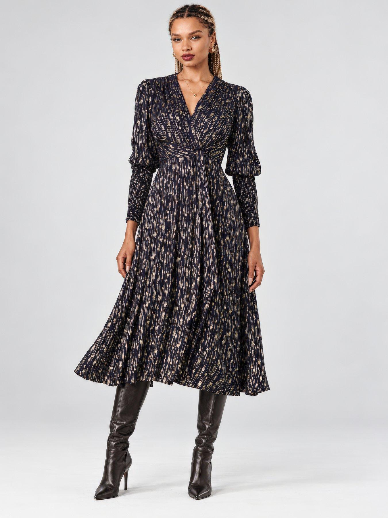 Image 1 of 6 of Jolie Moi Womens Layla Metallic Wrap Waist Tie Dress - Blue