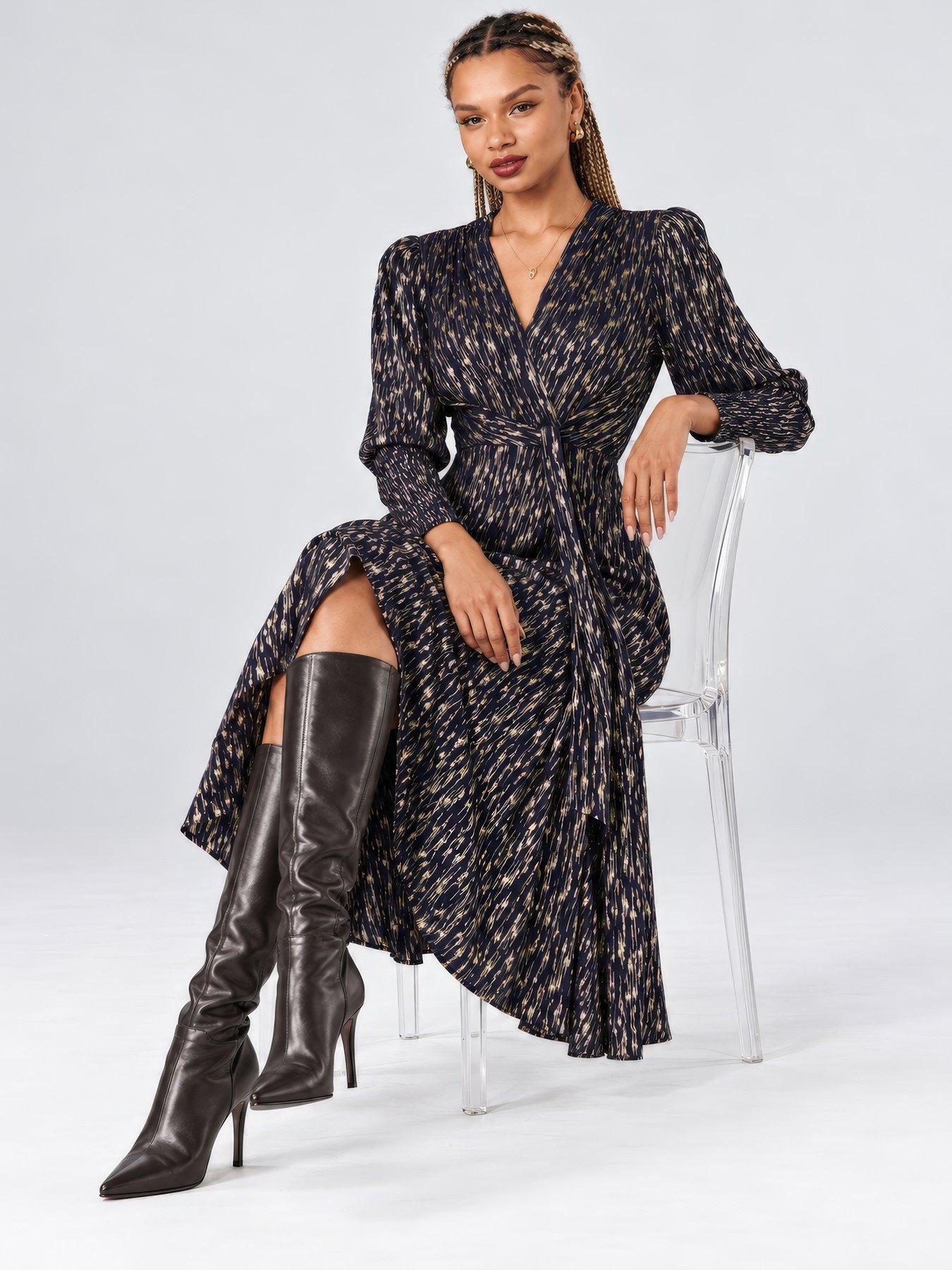 Image 3 of 6 of Jolie Moi Womens Layla Metallic Wrap Waist Tie Dress - Blue