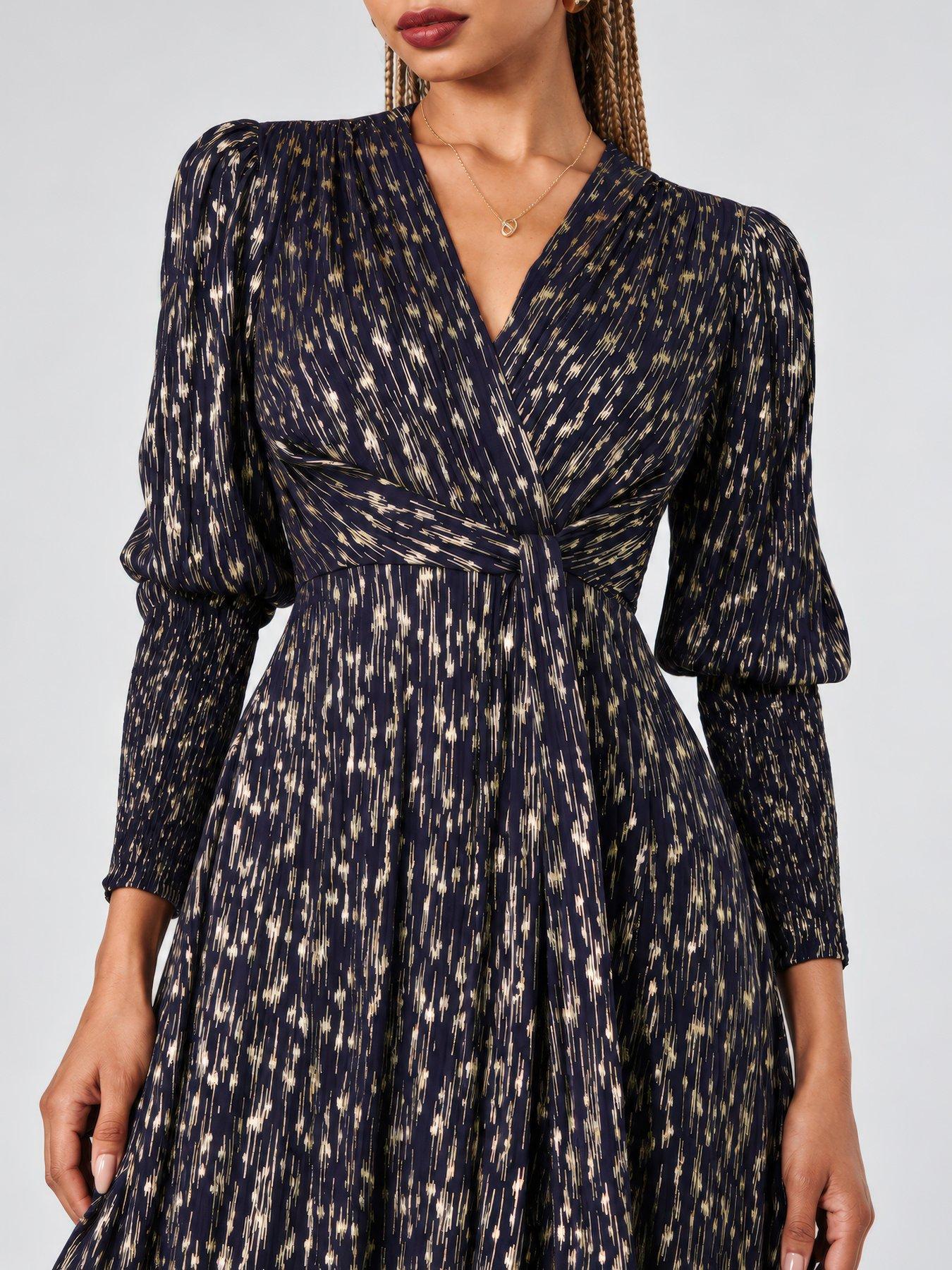 Image 4 of 6 of Jolie Moi Womens Layla Metallic Wrap Waist Tie Dress - Blue