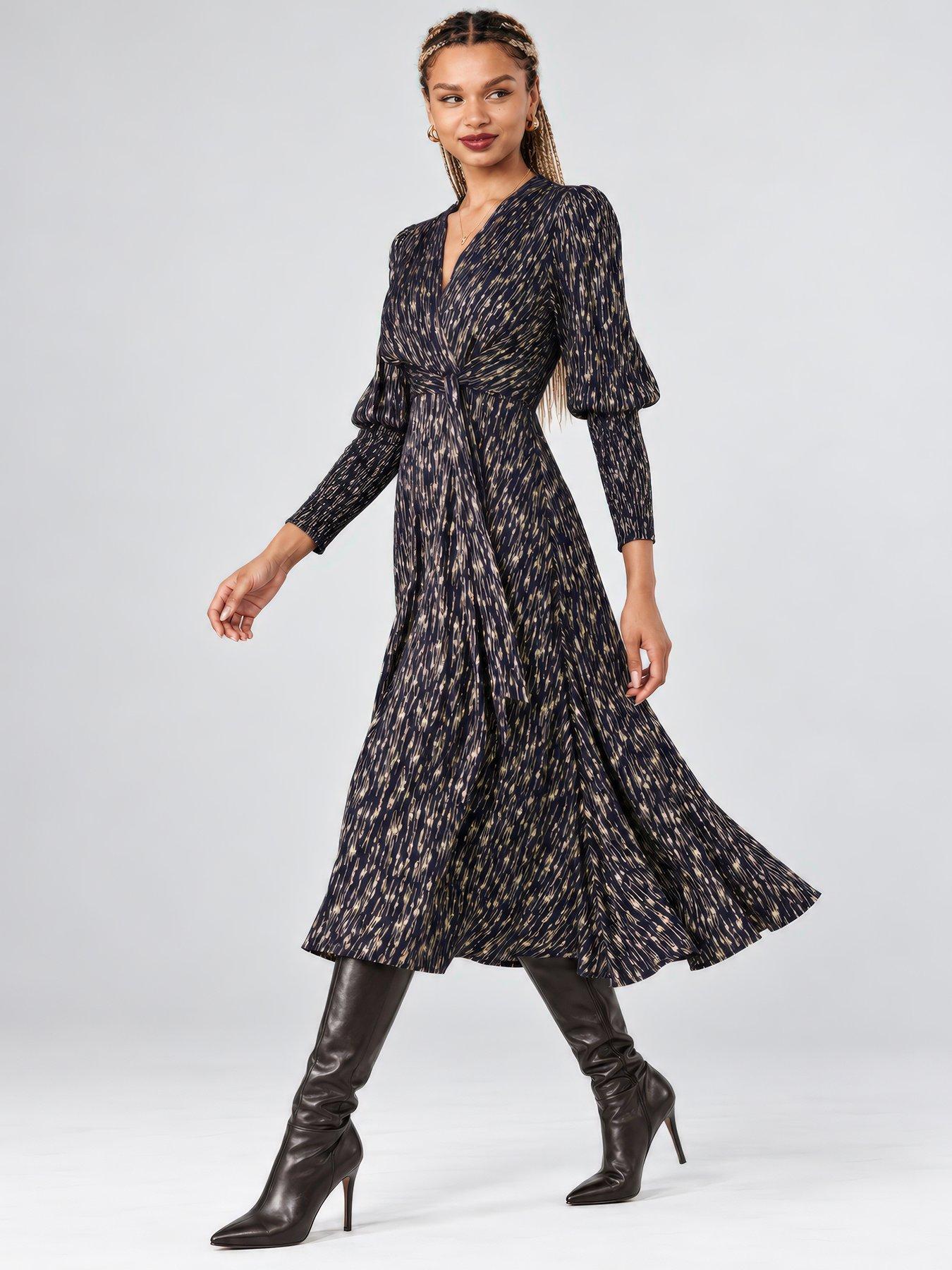 Image 5 of 6 of Jolie Moi Womens Layla Metallic Wrap Waist Tie Dress - Blue