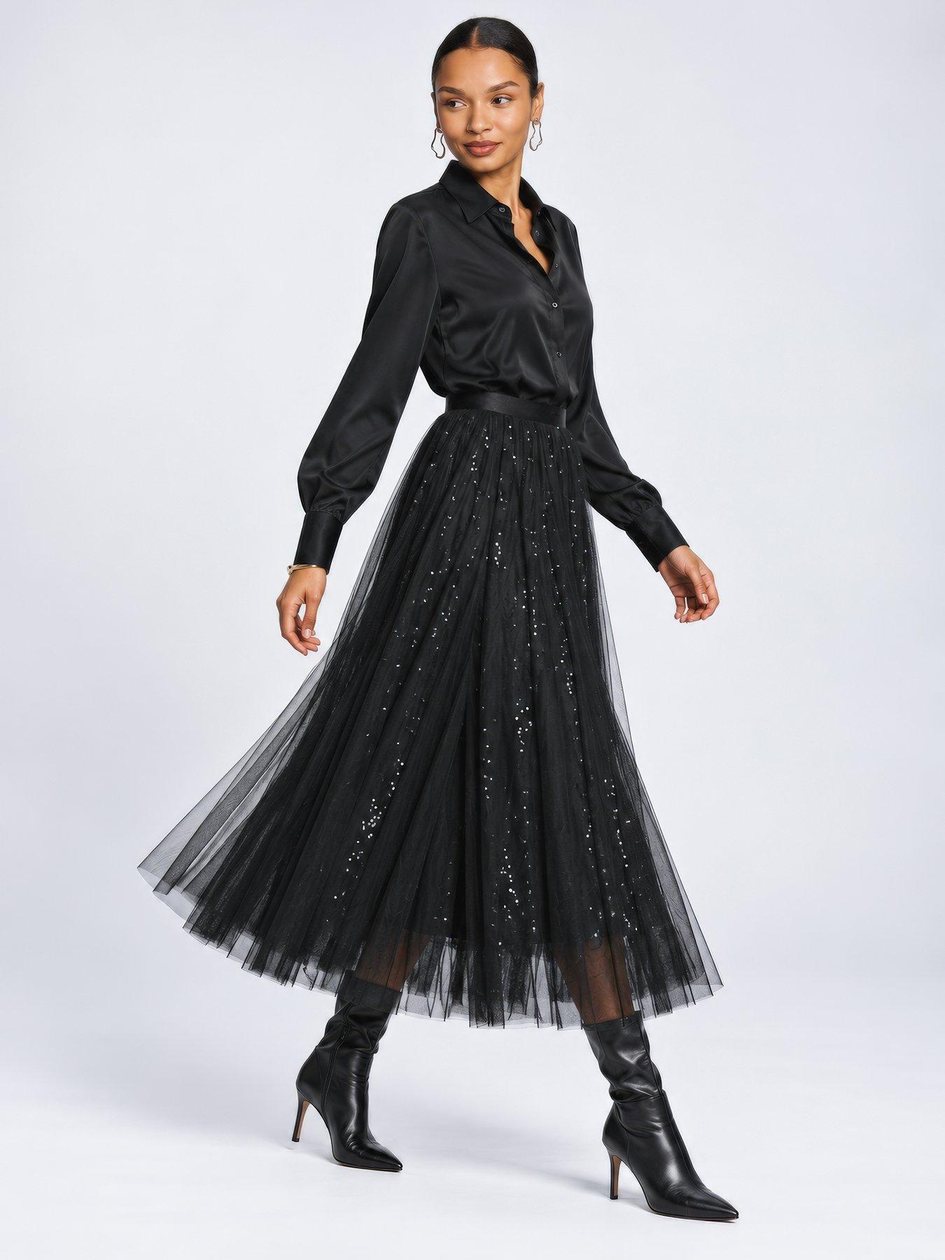 Image 6 of 6 of Jolie Moi Sequin Mesh Multi Layered Maxi Skirt