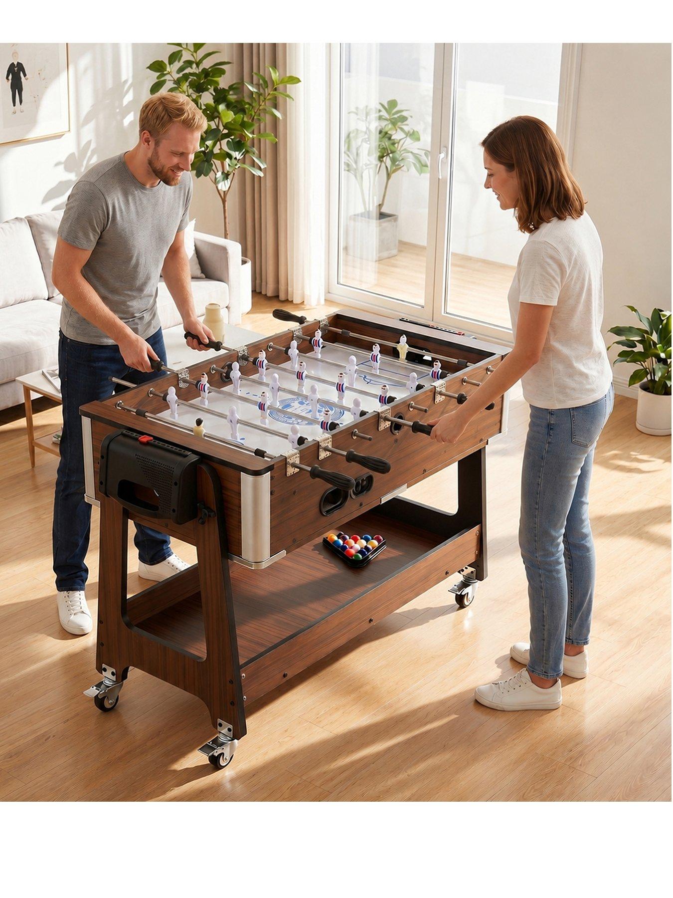 Sportnow Walnut Wood Effect 3 In 1 Multi Game Table, 3.4Ft Reversible Air Hockey Pool Football Games Table With Lockable Wheels, Storage Shelf - Image 2